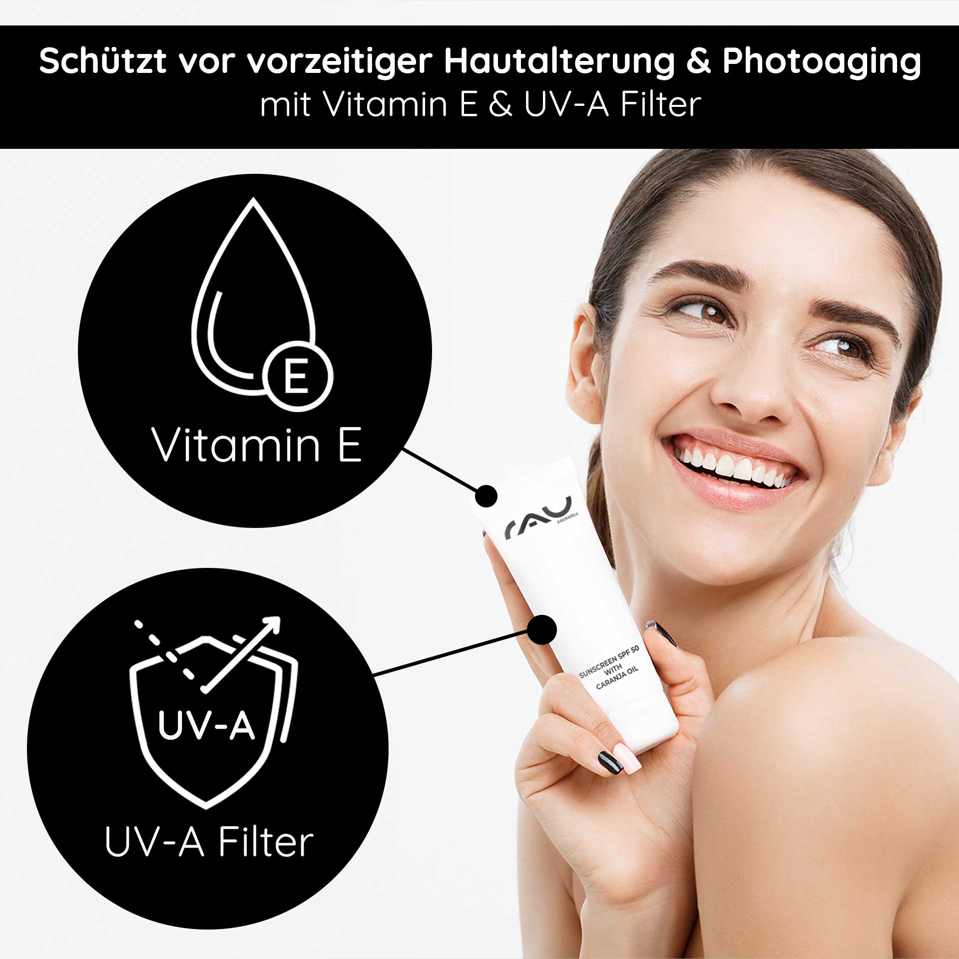 Protezione solare SPF 50 con olio di Karanja biologico 75 ml - Protezione solare Sonnenschutzprodukt mit Lichtschutzfaktor 50, Vitamin E und UV-A-Filter, gehalten von einer lächelnden Frau, die die Vorteile der Anti-Aging-Hautpflege demonstriert.