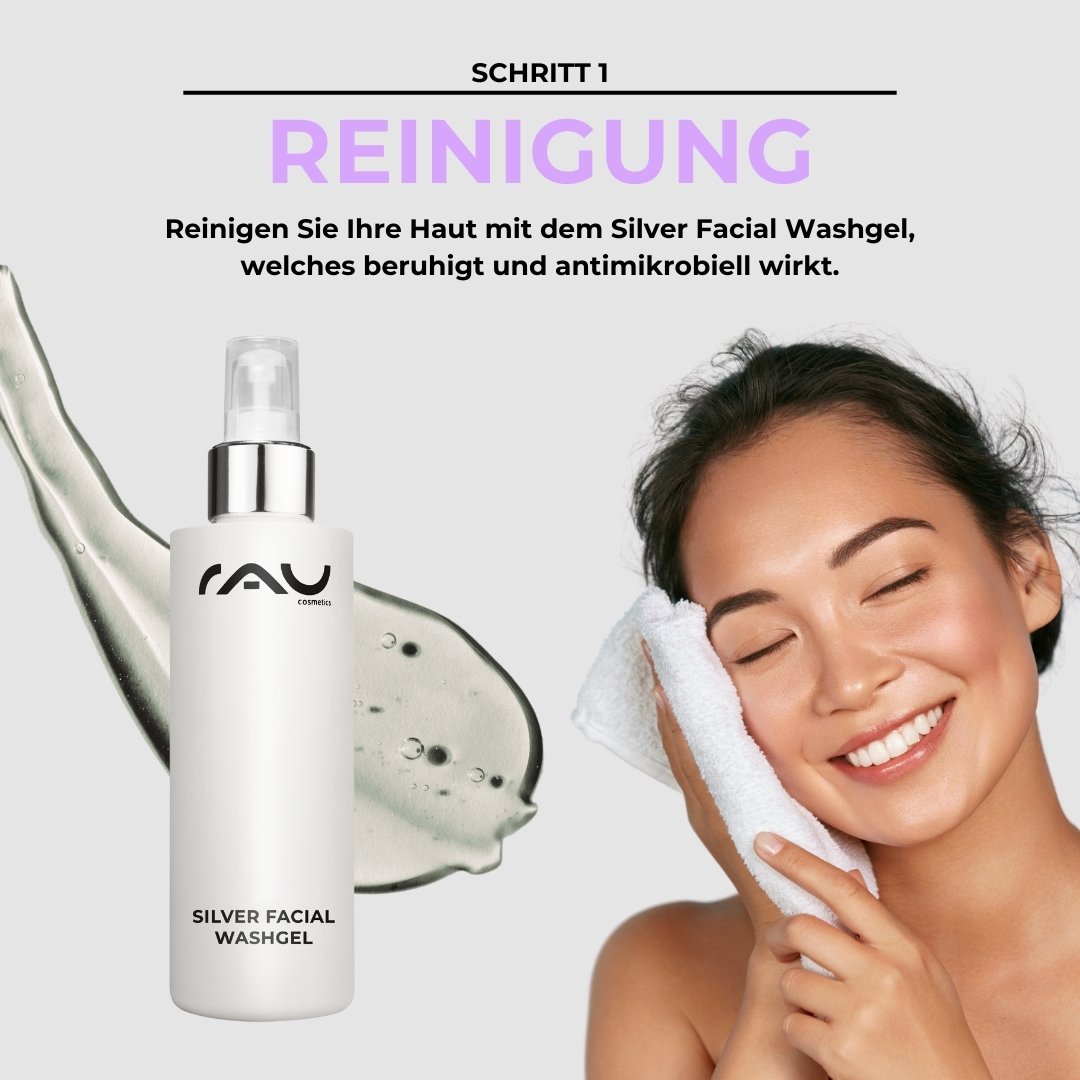 Donna con un sorriso radioso si deterge il viso con RAU Silver Facial Washgel per lenire e detergere la pelle atopica.