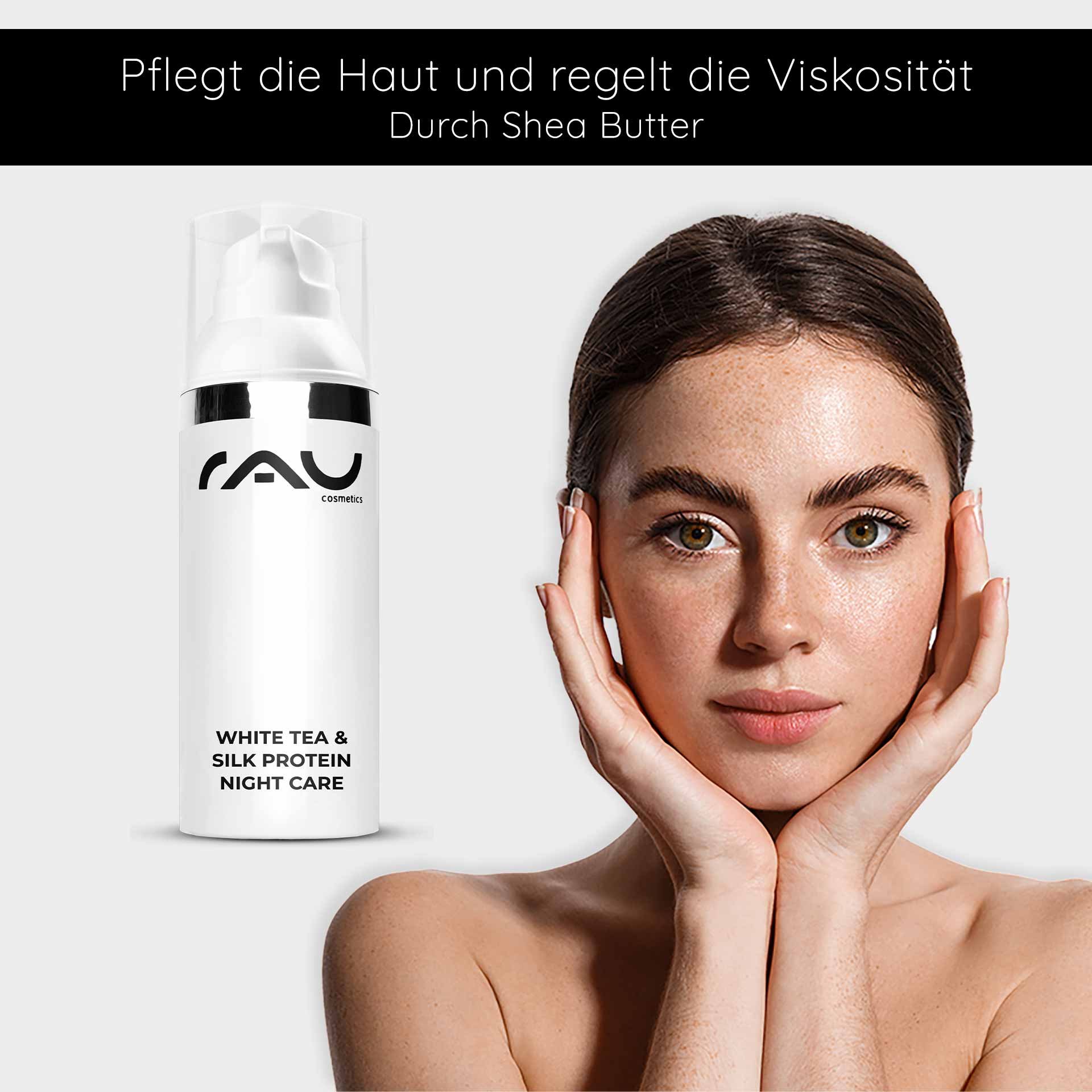 RAU Cosmetics White Tea & Silk Protein Nachtpflegecreme con Modell, il la Vorteile del Hautpflege vorführt e la Feuchtigkeitsversorgung sowie la anti-aging-Eigenschaften betont.