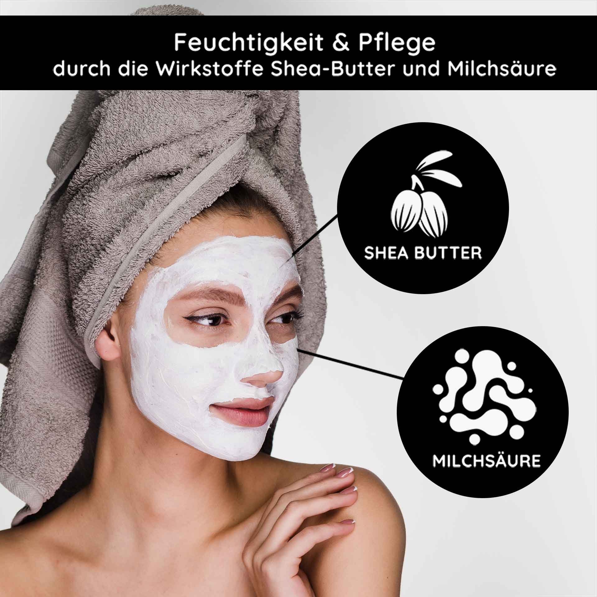 Frau con Gesichtsmaske aus Heilerde, umgeben von Symbolen per Sheabutter e acido lattico, betont feuchtigkeitsspendende e pflegende Eigenschaften del RAU Cosmetics Mineral Mask.