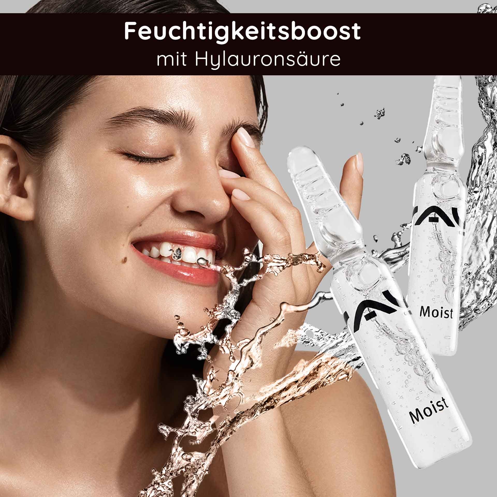 Fiale Moist di RAU Cosmetics – Siero idratante in fiale di vetro, confezionato in una scatola con applicatore, ideale per pelli secche e mature.