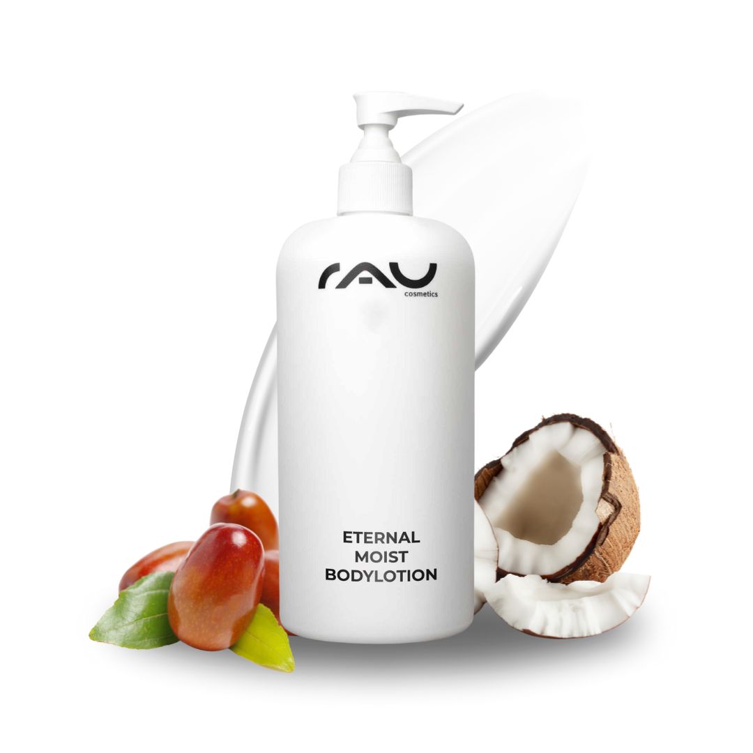 RAU Eternal Moist Body Lotion 500 ml - Idratazione intensiva per una pelle morbida RAU Eternal Moist Bodylotion 500 ml Flasche mit Logo, umgeben von Kokosnuss und Jojobanüssen, betont intensive Feuchtigkeitsversorgung für glatte Haut.