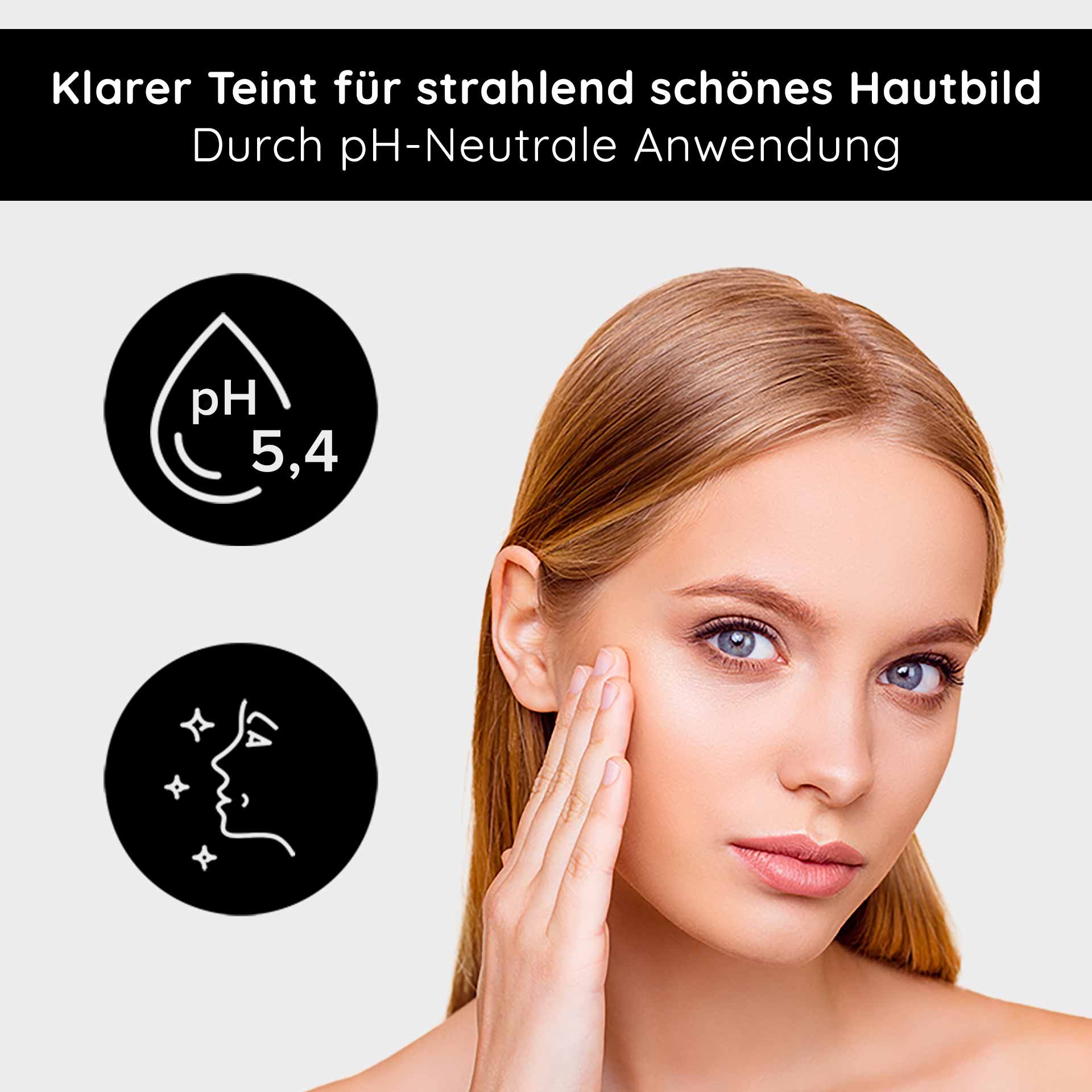 Frau mit glattem Teint, die Gesichtspflege anwendet, mit Symbolen für pH-Wert 5,4 und strahlendes Hautbild, passend zu RAU Cosmetics Beyond Herbal Tonic für empfindliche Haut.