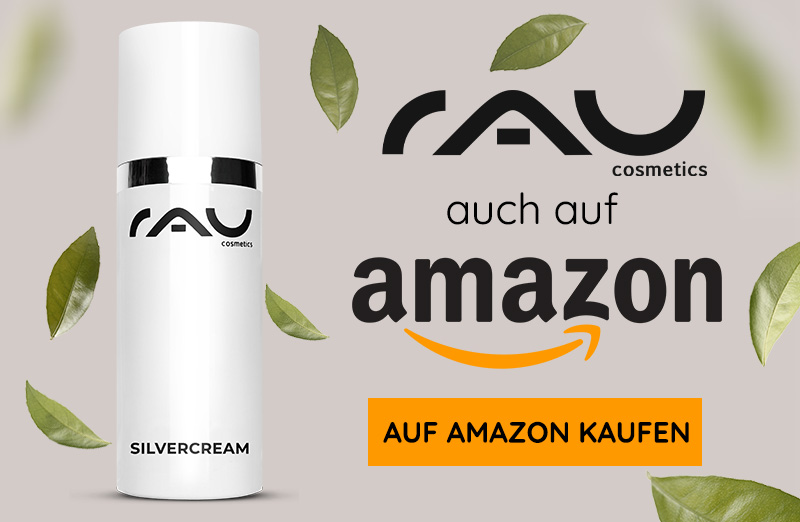 RAU Silvercream für unreine Haut in eleganter Verpackung, mit grünen Blättern, erhältlich auf Amazon.