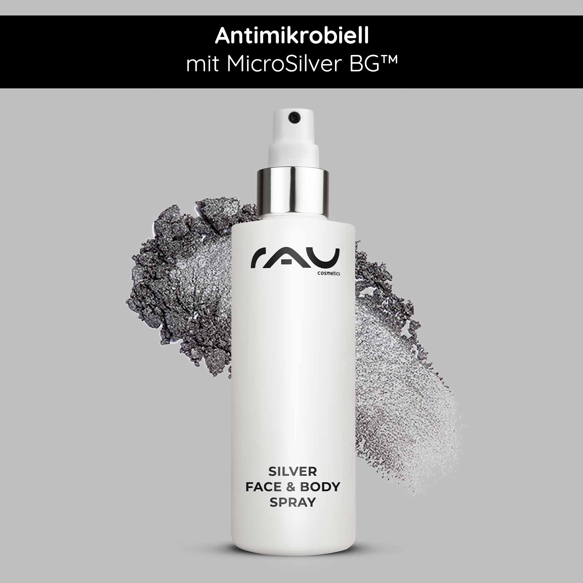 RAU Silver Face and Body Spray weisse flacone con antibakteriellem Etikett su strukturiertem Hintergrund