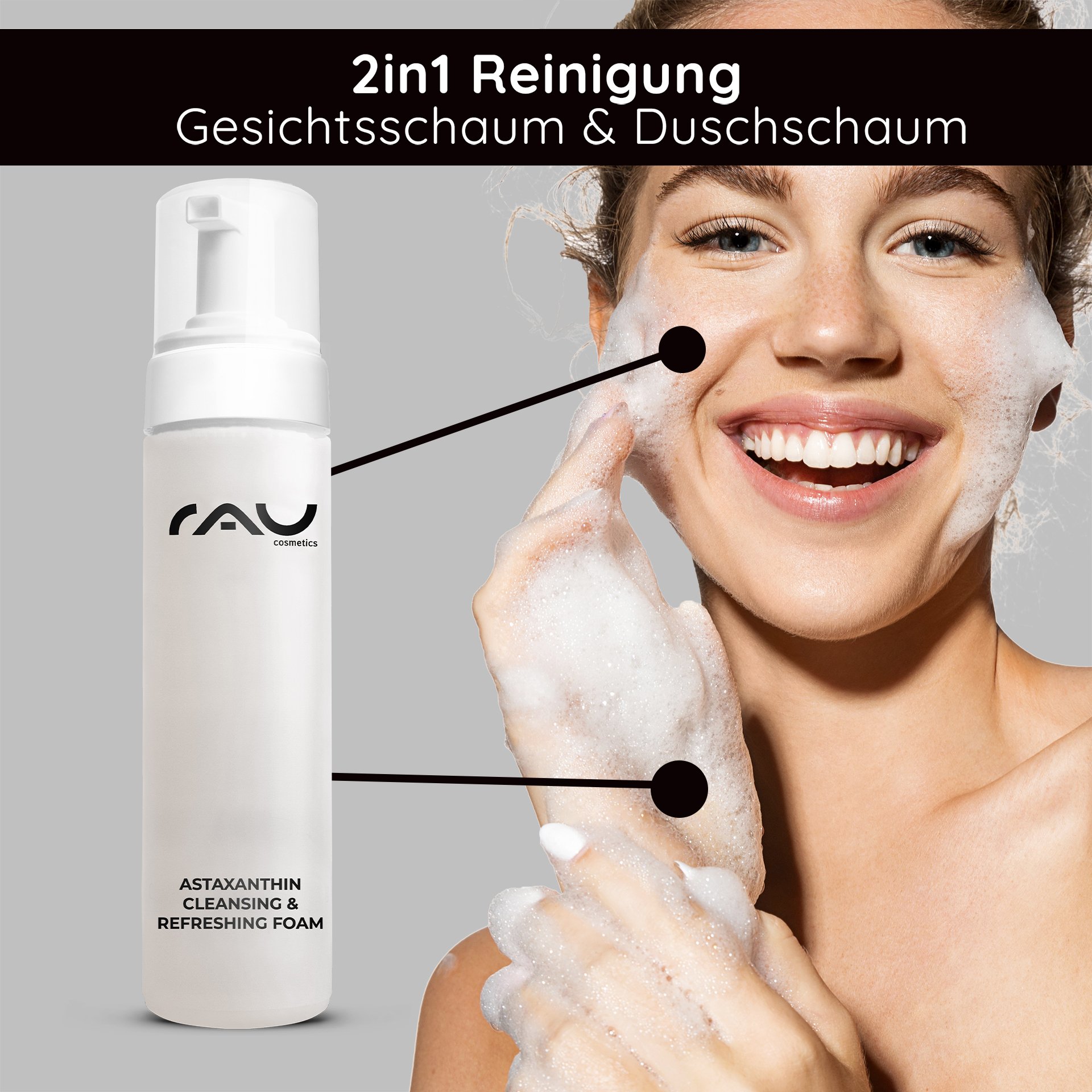 Applicazione di RAU Astaxanthin Cleansing Foam sul viso con schiuma cremosa