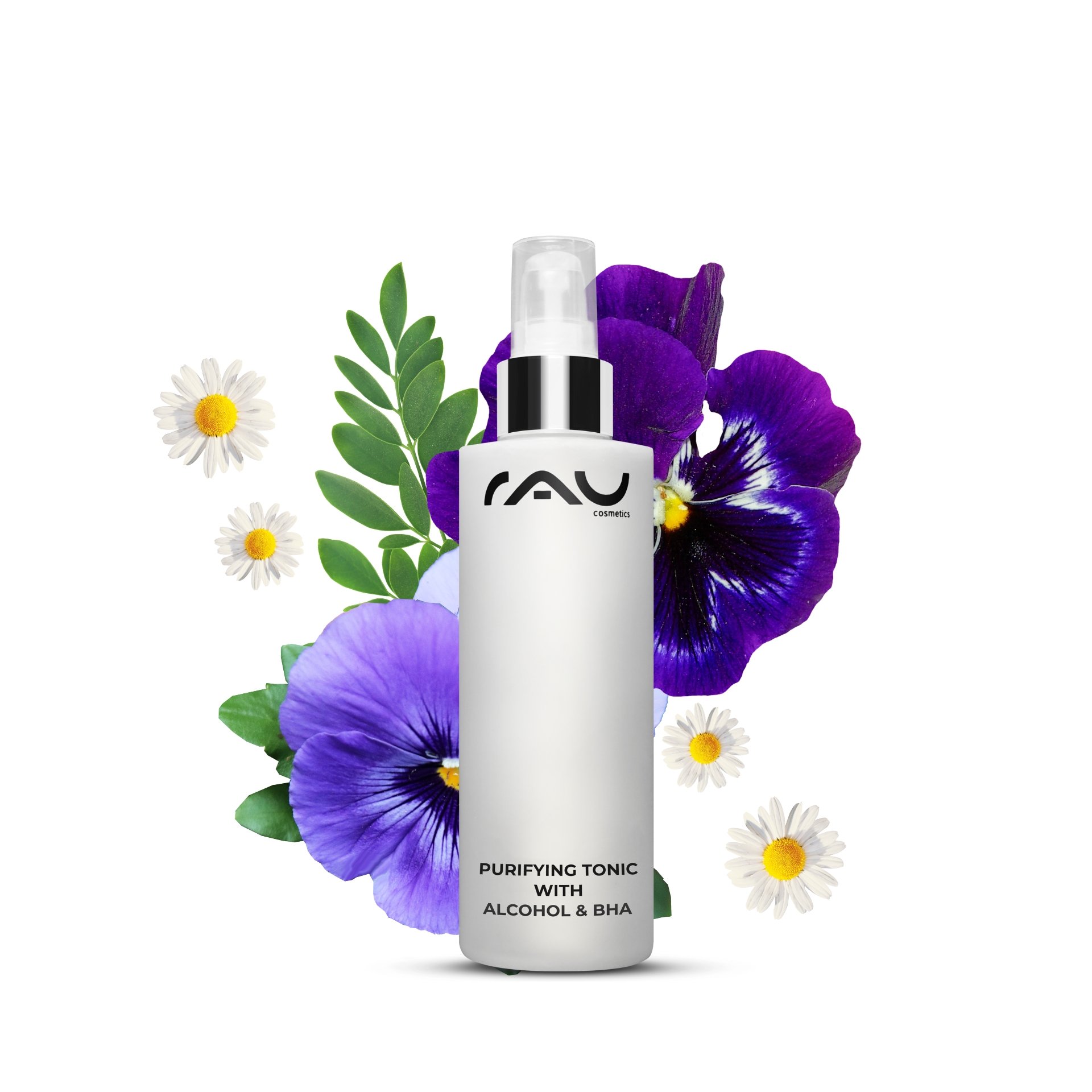 Flacone di Purifying Tonic con alcol e BHA 200 ml accanto a una pianta fiorita.
