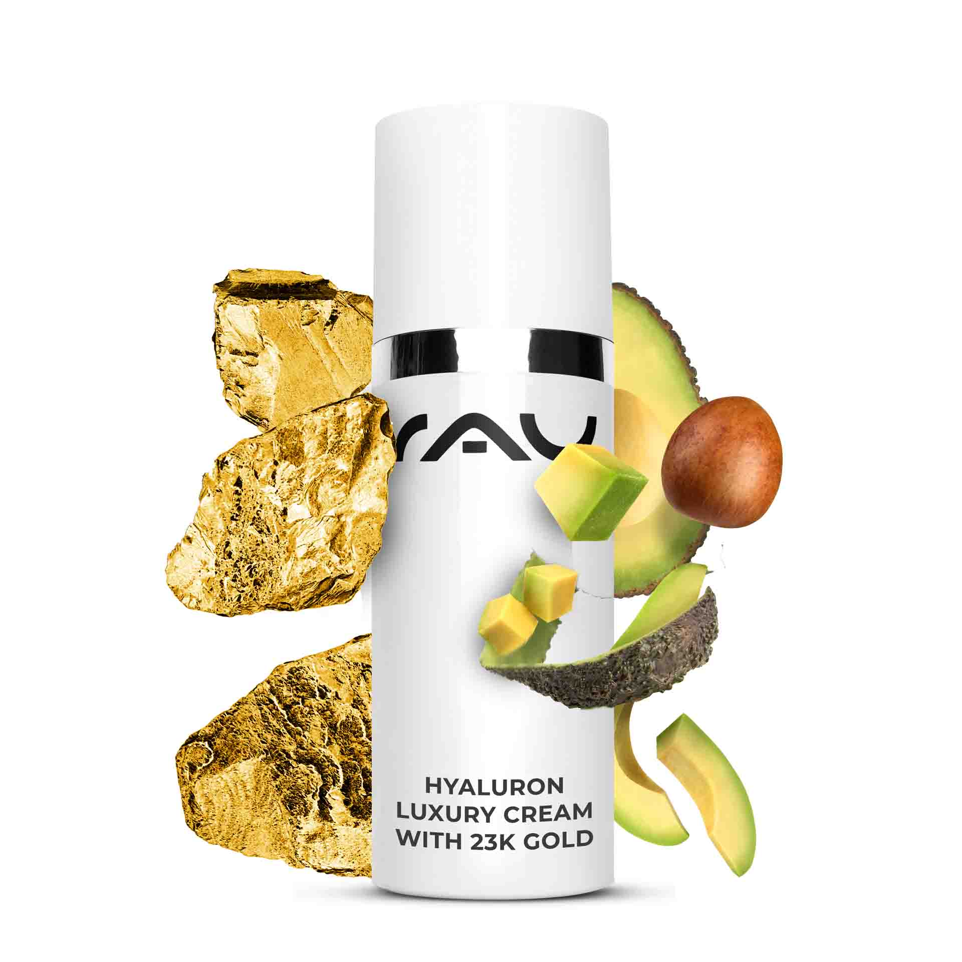 Hyaluron Luxury Cream con oro 23k 50 ml Crema antietà Hyaluron-Luxuscreme mit 23 Karat Gold, mit Goldpartikeln und Avocado, fördert die Feuchtigkeitsversorgung und hat Anti-Aging-Vorteile, ideal für trockene Haut, von RAU Cosmetics.