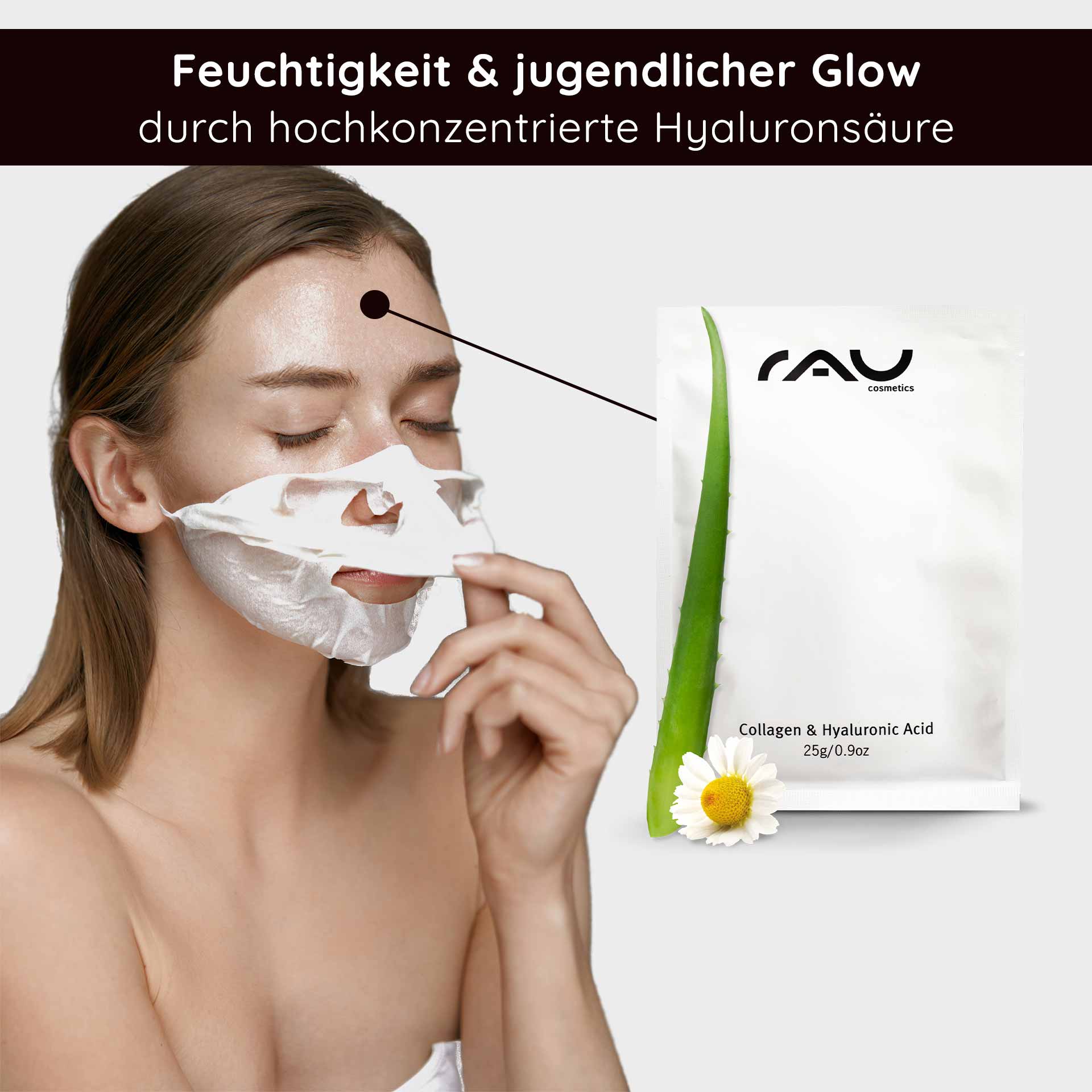 Maschera al collagene e all'acido ialuronico Maschera in pile con pantenolo Frau mit Vliesmaske aus Collagen und Hyaluronsäure, die Feuchtigkeit und jugendlichen Glow fördert, Produktverpackung von RAU Cosmetics neben ihr.