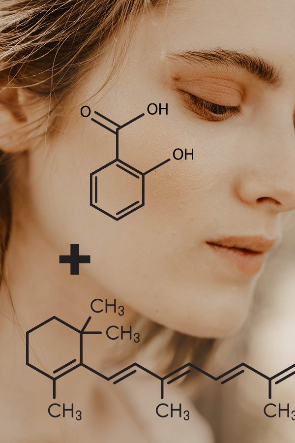 Porträt einer Frau mit chemischen Strukturen von Salicylsäure und Retinol, die die Kombination dieser Wirkstoffe in der Hautpflege betont.