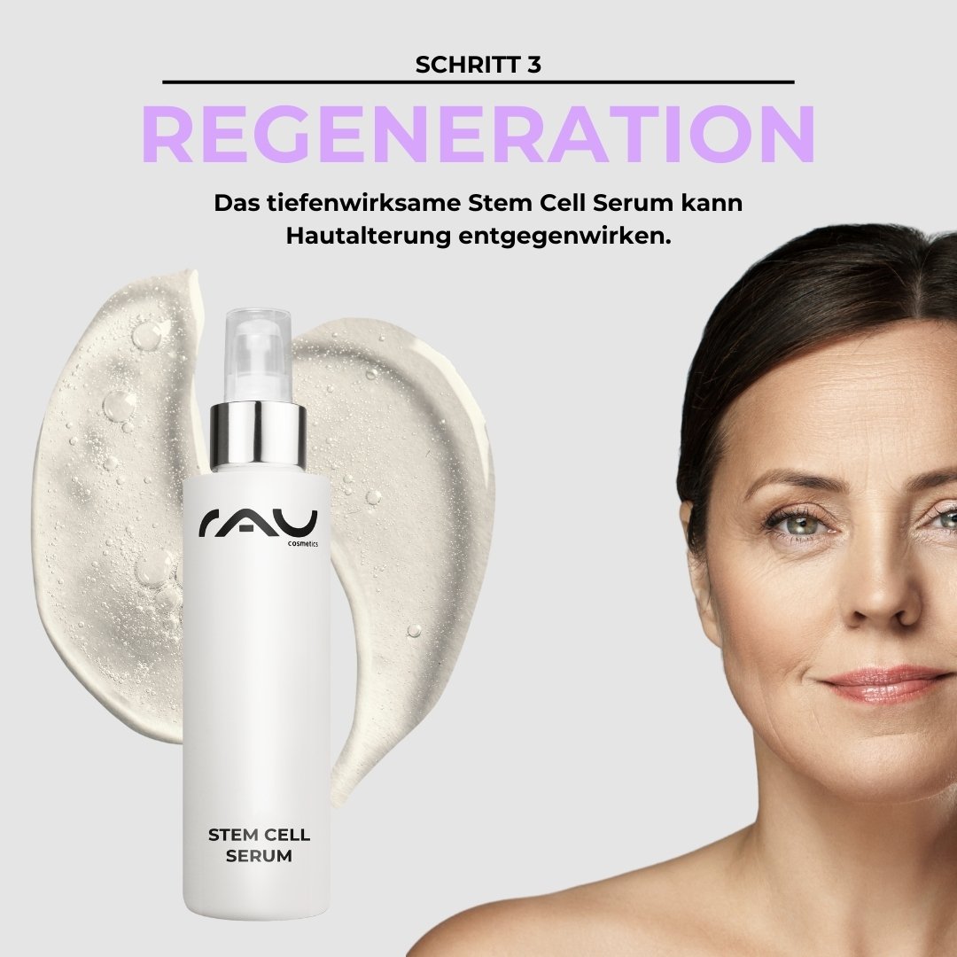 RAU Cosmetics Stem Cell Siero per anti-aging, speziell per Frauen con reifer pelle, con Schwerpunkt su Regeneration e Hautpflegewirksamkeit.