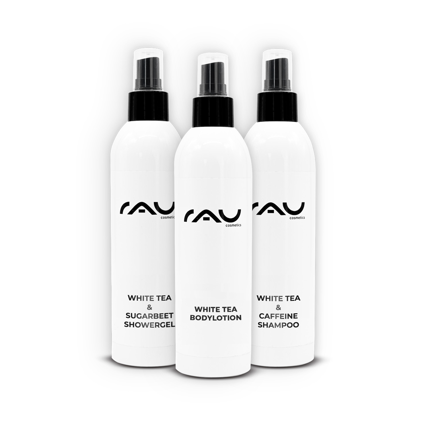 Drei Flaschen von RAU Cosmetics mit White Tea & Sugar Beet Showergel, White Tea Bodylotion und White Tea & Caffeine Shampoo, präsentiert als Teil des „White Tea Love“ Bundles für luxuriöse Haut- und Haarpflege.