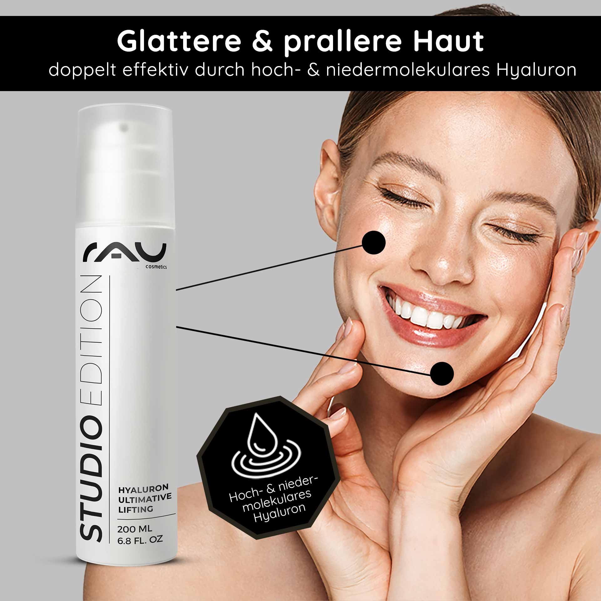 Hyaluron Ultimative Lifting Gel von RAU Cosmetics in einer weißen flacone, gezeigt su einem Hintergrund con einer Frau, la ihre glatte e pralle pelle betont, con Text über la Vorteile von hoch- e niedermolekularem Hyaluron.