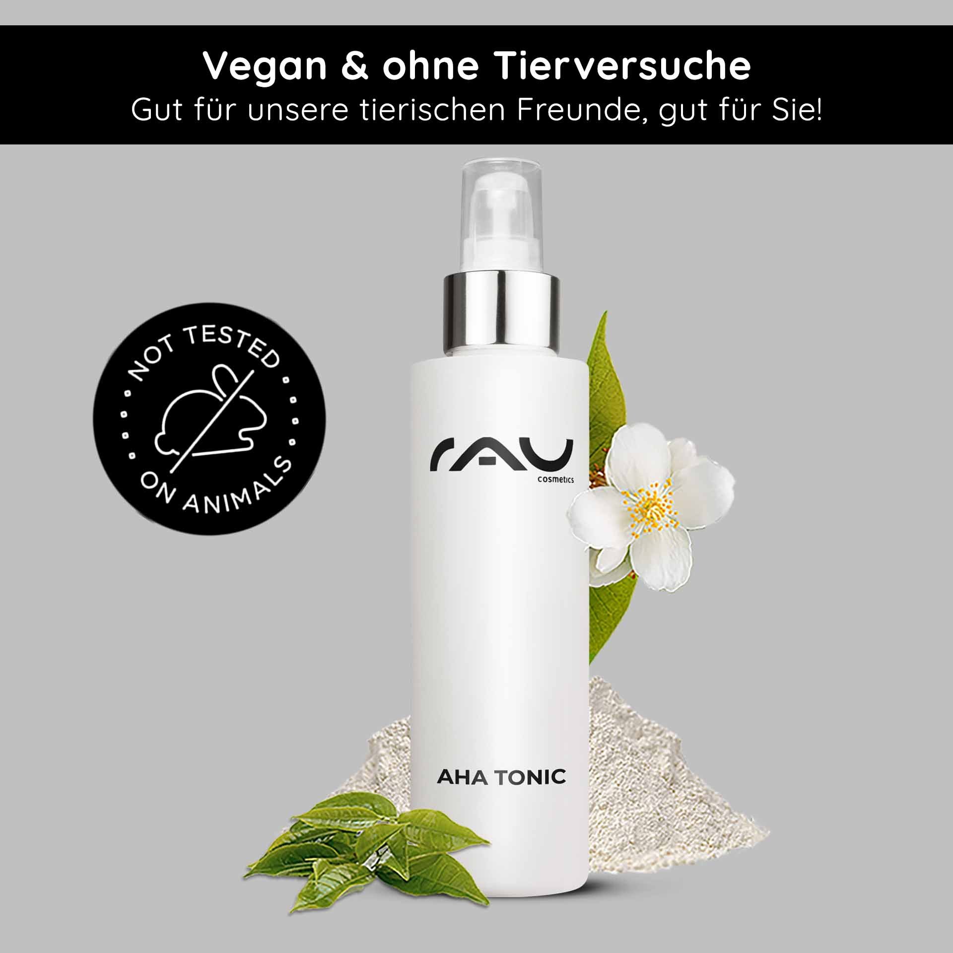 Produktetikett zeigt Inhaltsstoffe: Grüntee-Extrakt, Glykolsäure, Weinsäure