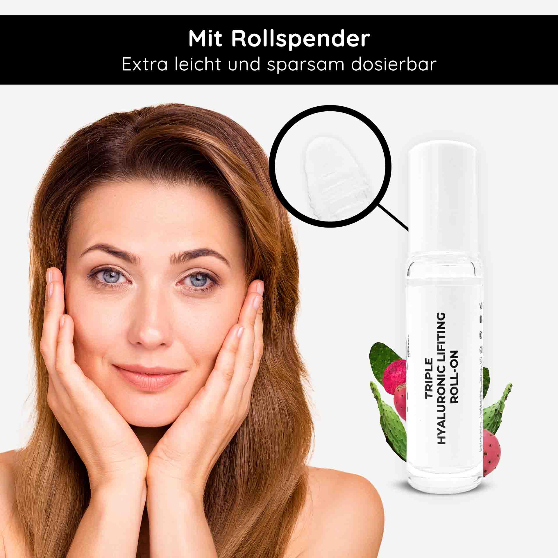 Triple Hyaluronic Serum Roll-On 10 ml con tripli acidi ialuronici Frau mit glattem Teint und Händen im Gesicht, präsentiert Triple Hyaluronic Lifting Roll-On, Anti-Aging-Serum mit Rollspender, für tiefgehende Feuchtigkeitspflege.