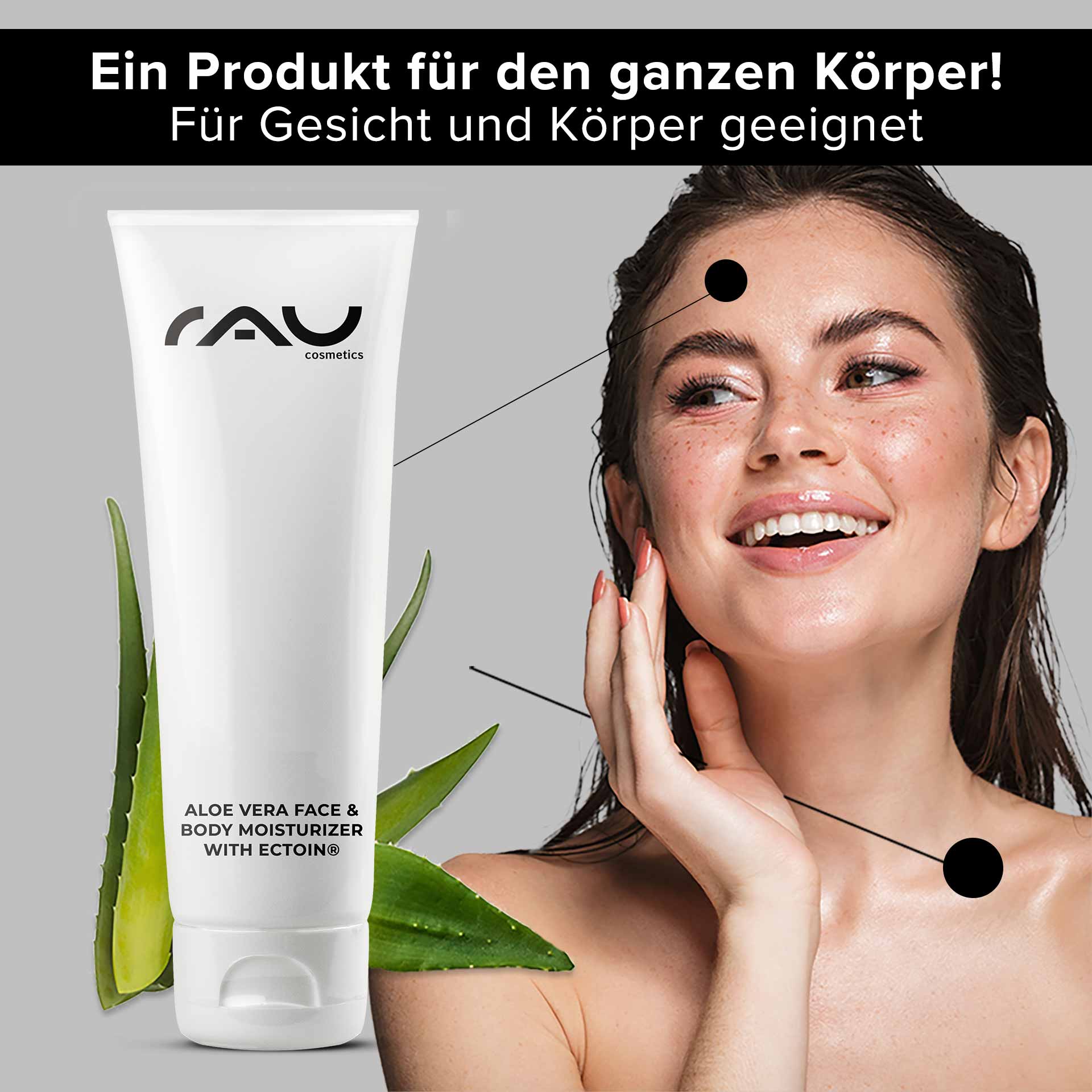 Idratante viso e corpo all'aloe vera con Ectoin® 75 ml Aloe Vera-Feuchtigkeitscreme für Gesicht und Körper mit Ectoin®-Tube neben einer lächelnden Frau, die Feuchtigkeitscreme auf ihr Gesicht aufträgt und die Vorteile der Feuchtigkeitsversorgung für alle Hauttypen hervorhebt.