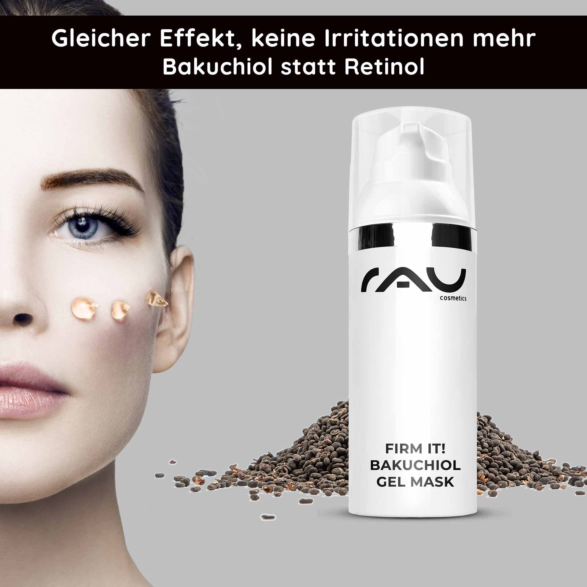 Donna con una maschera gel al bakuchiol sulla guancia, logo RAU Cosmetics, semi su sfondo grigio, proprietà anti-age e idratanti.
