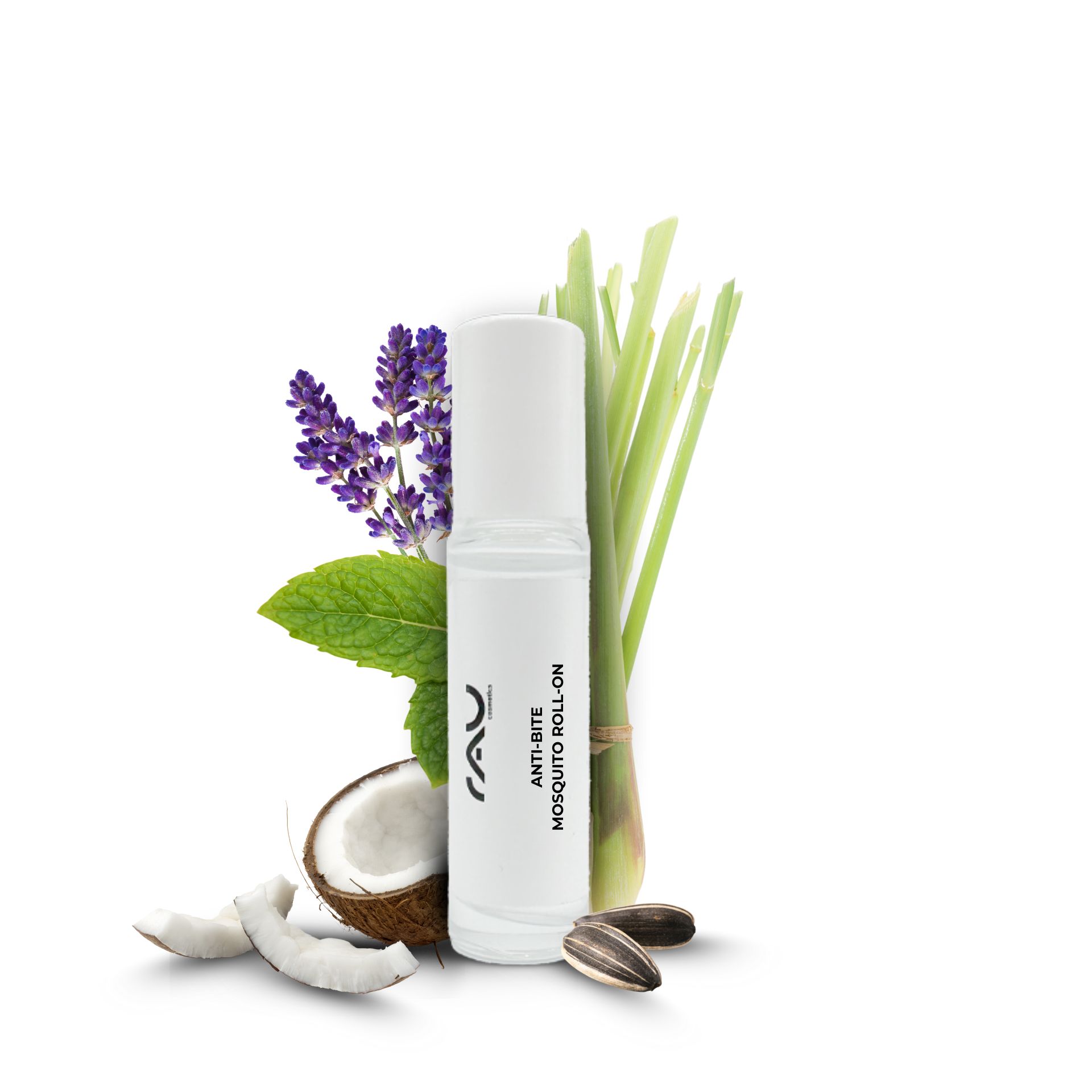 Anti Bite Mosquito Roll-On 10 ml - Naturalmente contro le punture di zanzara & Co. RAU Cosmetics Anti Bite Mosquito Roll-On 10 ml mit natürlichen Inhaltsstoffen wie Zitronengras, Lavendel und Minze, umgeben von Kokosnuss- und Sonnenblumenkernen, zur Linderung von Insektenstichen und zur Hautpflege.