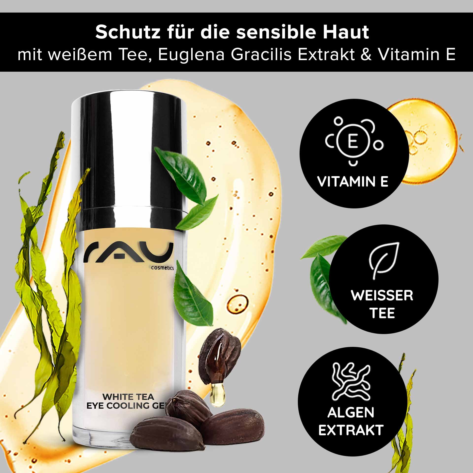 RAU Cosmetics White Tea Eye Cooling Gel con weißem Tee, Euglena Gracilis-Extrakt e Vitamin E, entwickelt per empfindliche pelle, umgeben von Blättern e Tropfen, la la Feuchtigkeitsversorgung e la anti-aging-Wirkung betonen.