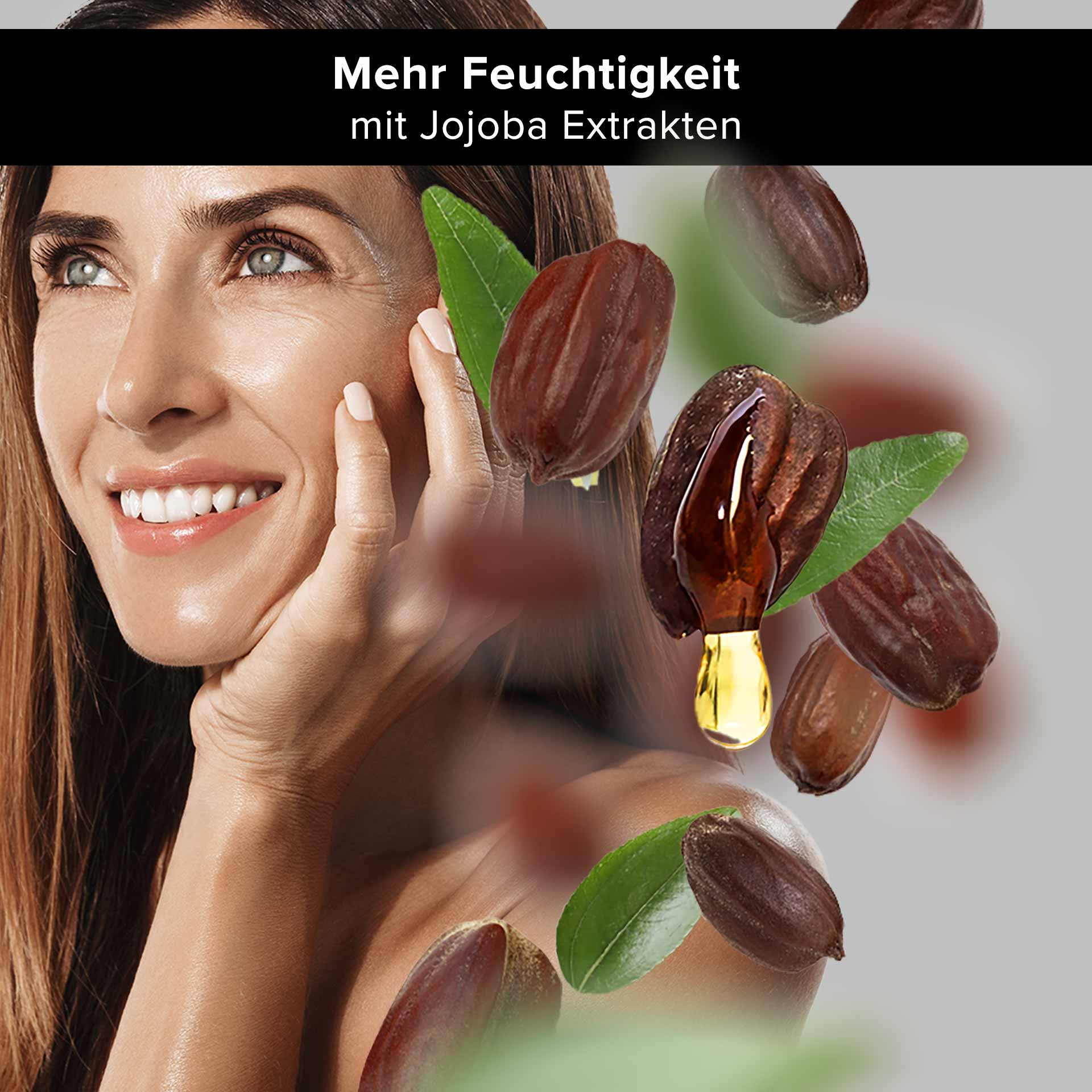 Frau con strahlendem Lächeln, la Jojoba-Extrakte anwendet, um idratazione zu spenden, umgeben von Jojobasamen e -blättern.