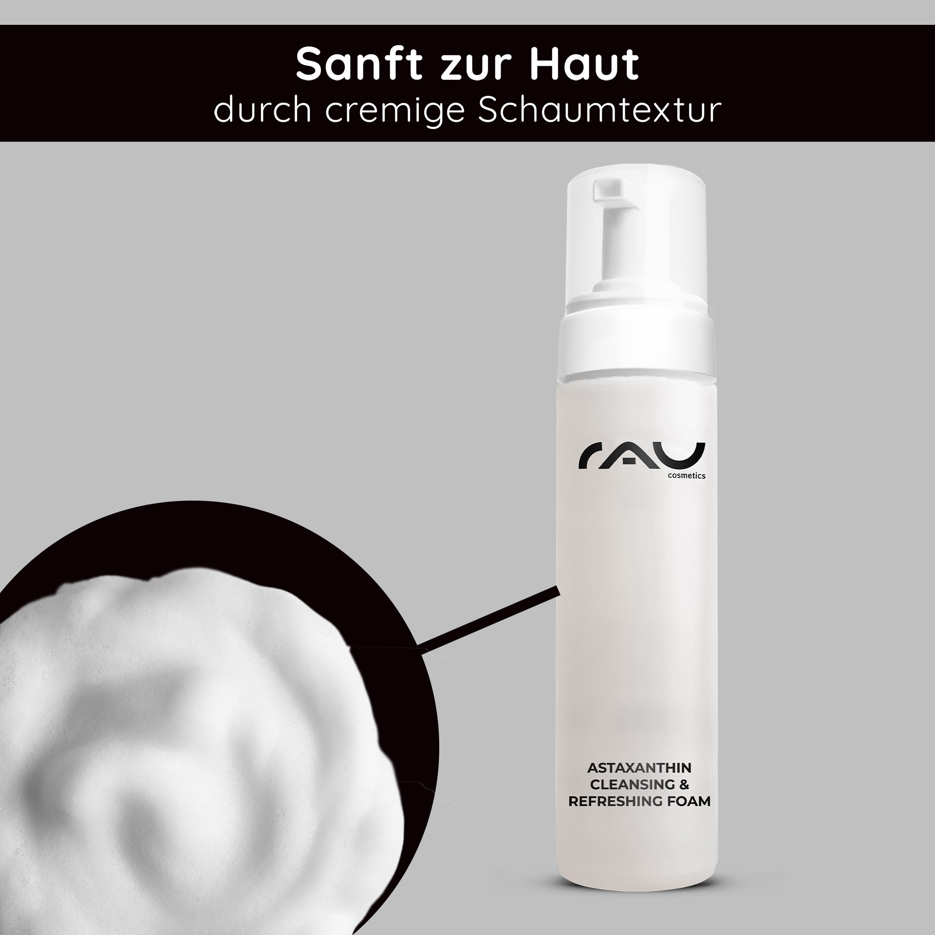 Vista dettagliata della schiuma detergente cremosa di RAU Astaxanthin Cleansing Foam in flacone dispenser da 200 ml