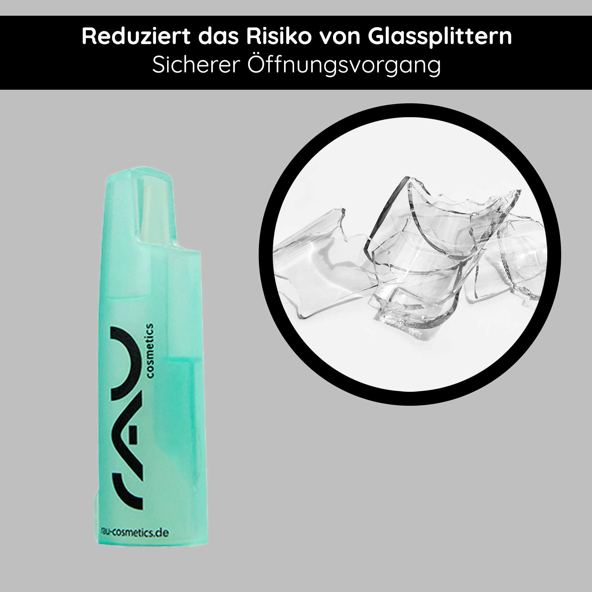 Set di aprifili e applicatori per fiale Ampullenöffner von RAU Cosmetics zur sicheren Öffnung von Gesichtsampullen, mit Hinweis auf vermindertes Risiko von Glassplittern.