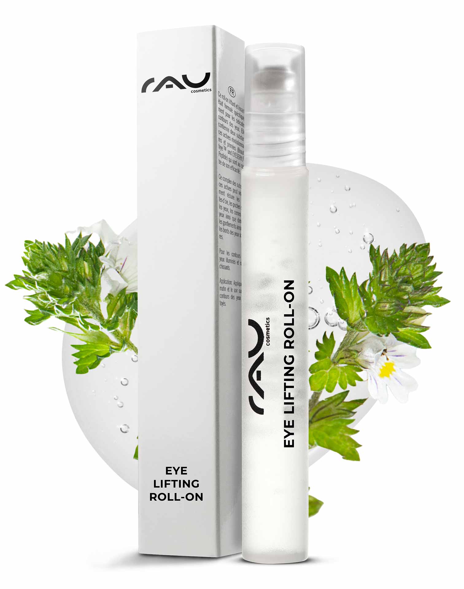 Eye Lifting Roll On 10 ml per un contorno occhi luminoso RAU Eye Lifting Roll-On-Verpackung mit Produktetikett, mit elegantem Design und pflanzlichen Elementen, die die Anti-Aging-Vorteile für die Augenpartie hervorheben.