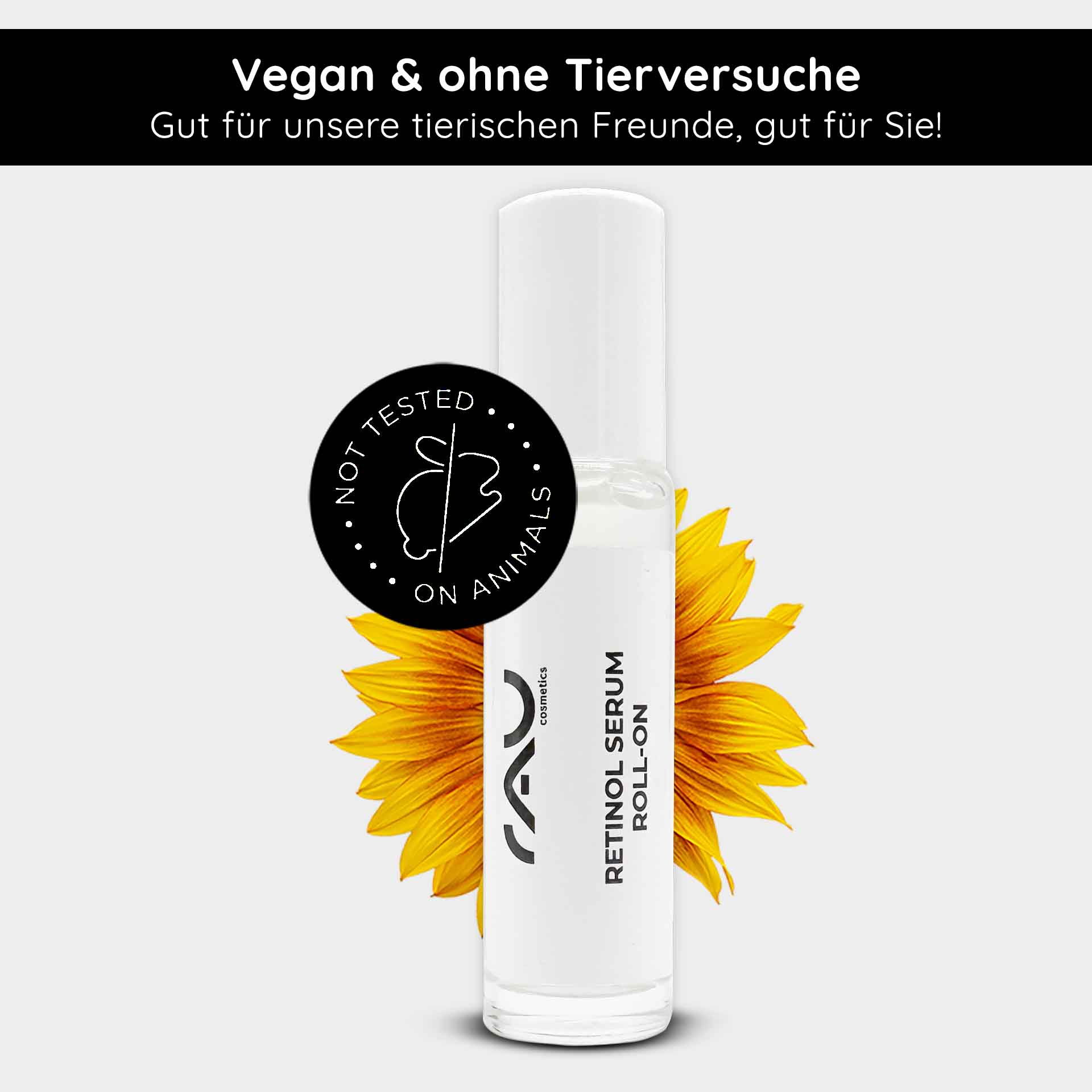 Retinol Serum Roll-On 10 ml - Siero alla vitamina A per pelli secche e mature Retinol Serum Roll-On von RAU Cosmetics, vegan und frei von Tierversuchen, mit Sonnenblumenhintergrund und „Nicht an Tieren getestet“-Logo.