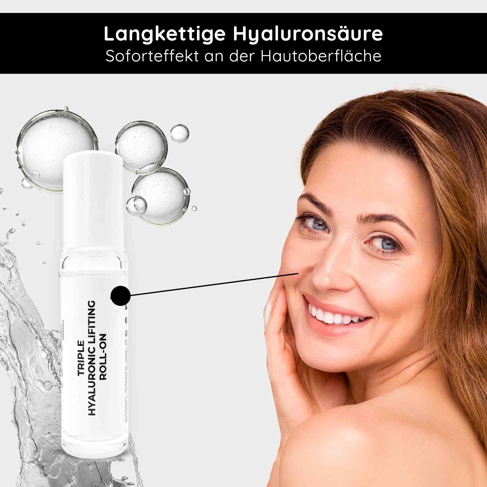 Triple Hyaluronic Serum Roll-On 10 ml con tripli acidi ialuronici Triple Hyaluronic Lifting Roll-On 10 ml mit Hyaluronsäure und feuchtigkeitsspendender Wirkung, lächelnde Frau, die ihr Gesicht berührt und so die Anti-Aging-Wirkung der Hautpflege fördert.