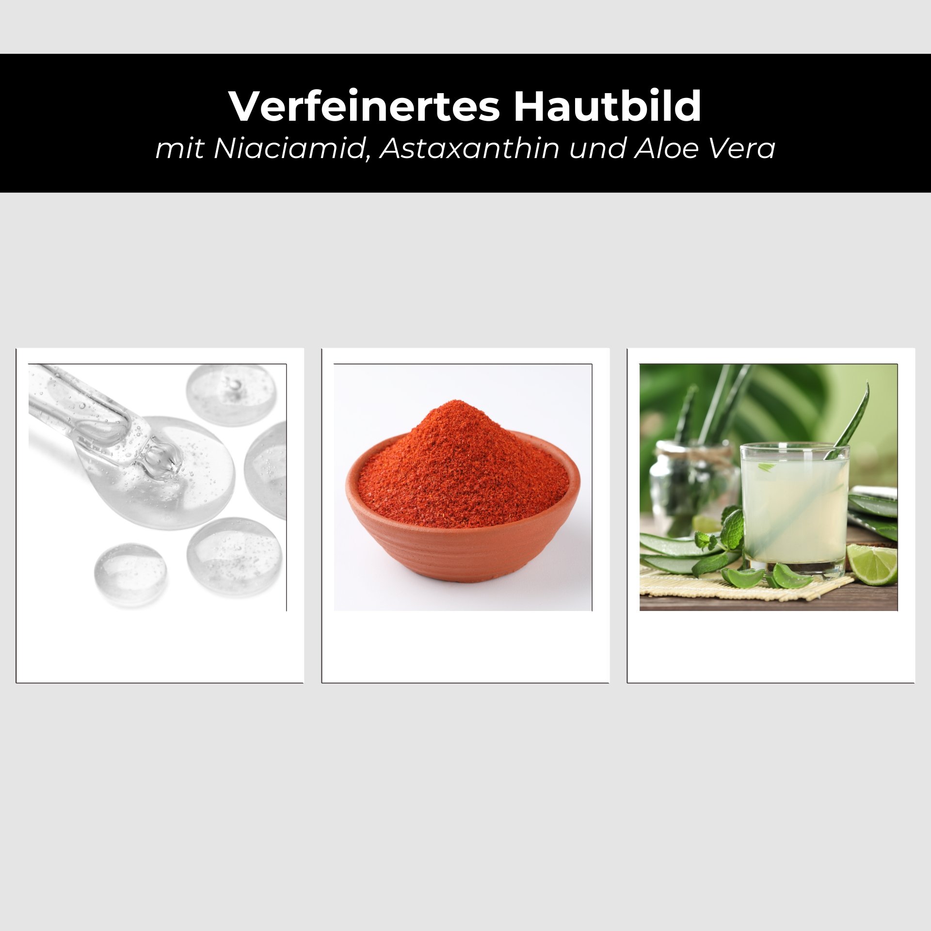 Wirkstoff-Komplex: Pipette con Siero accanto a rotem Astaxanthin-Pulver e Aloe Vera - Schutz vor oxidativem Stress.