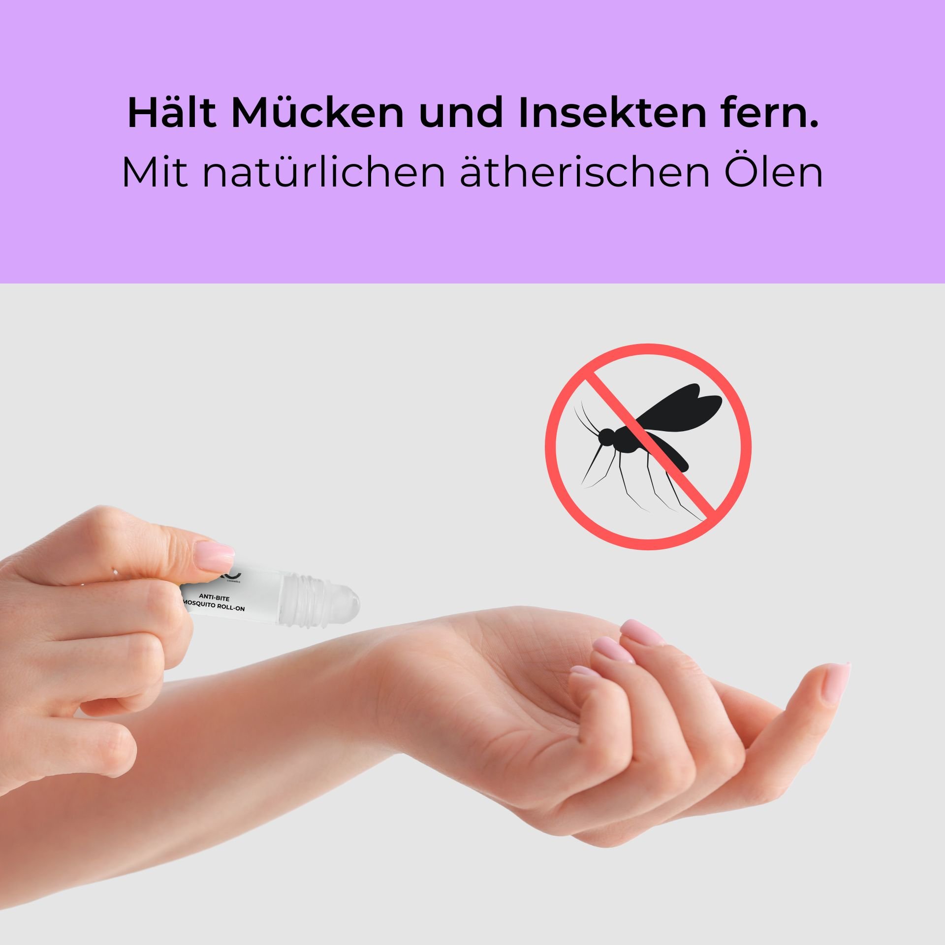 Anti-Bite-Mosquito-Roll-On per applicazione sul polso con oli essenziali naturali per la protezione dagli insetti, senza simbolo della zanzara sullo sfondo.