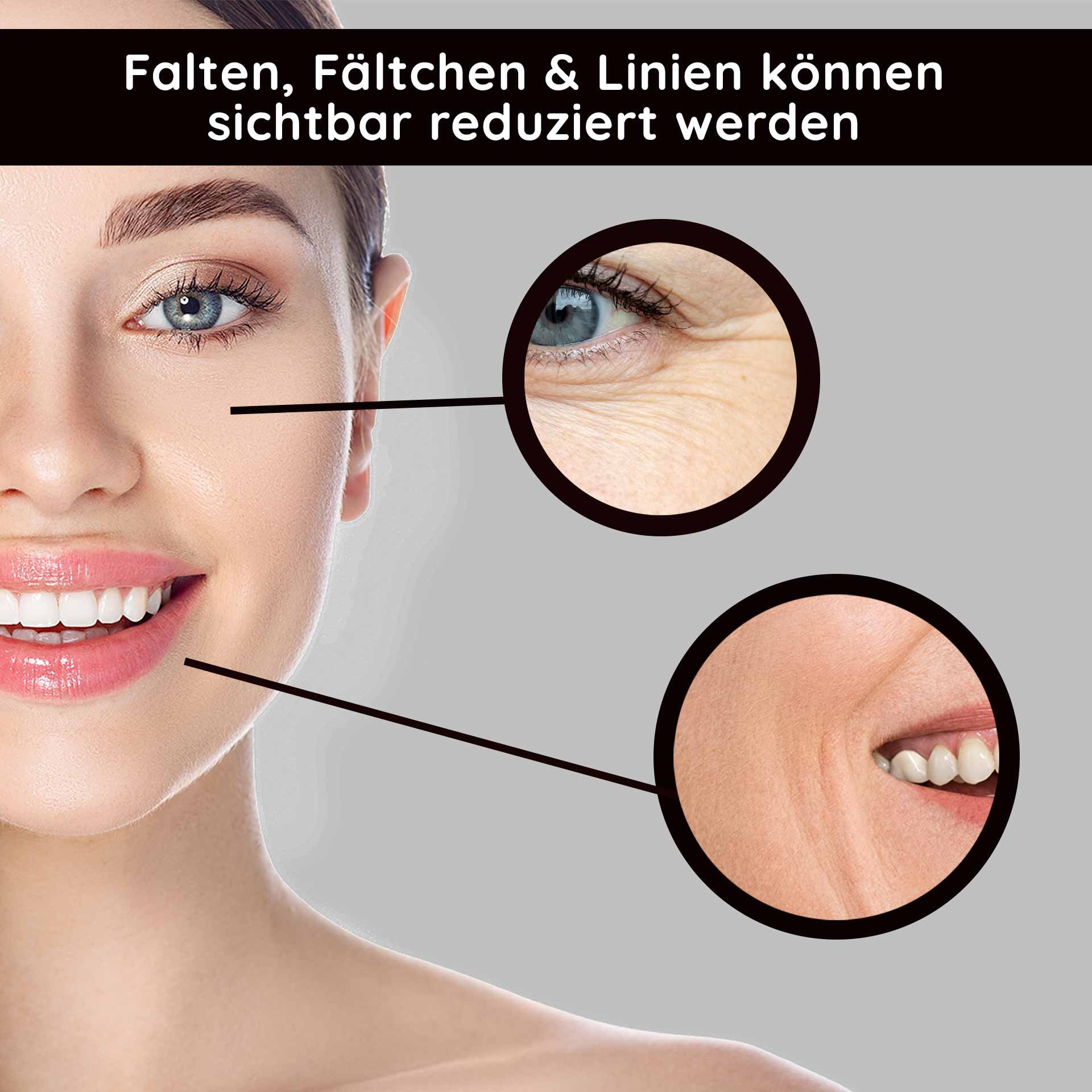 Sichtbare Ergebnisse: Eine lächelnde Frau präsentiert ihr geglättetes Hautbild nach del Applicazione del anti-aging Kur.