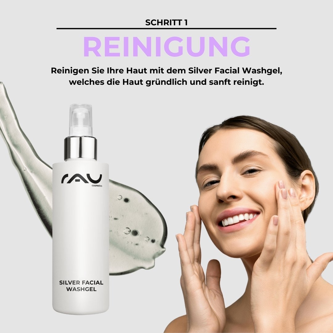 Donna con il viso gioioso che si deterge la pelle con RAU Cosmetics Silver Facial Washgel, accanto al prodotto in un design moderno e un gel detergente delicato.