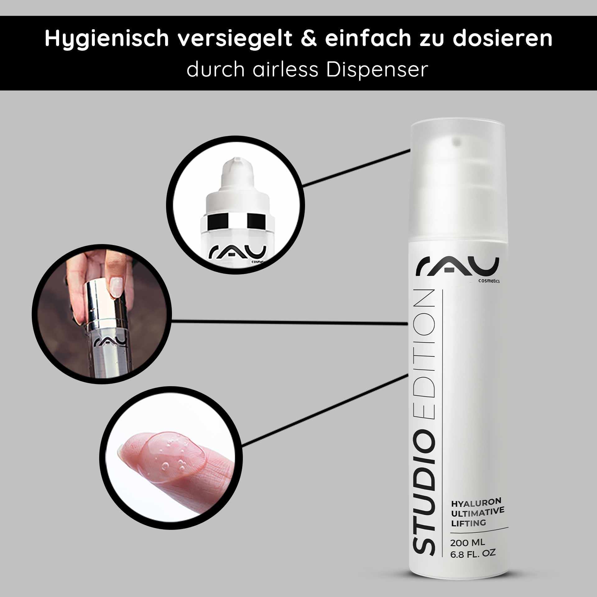 RAU Cosmetics Hyaluron Ultimative Lifting Gel im Airless-Spender con hygienischer Verpackung, Applicazione con del Fingerspitze e Produktdetails, la la anti-aging-Vorteile hervorheben.