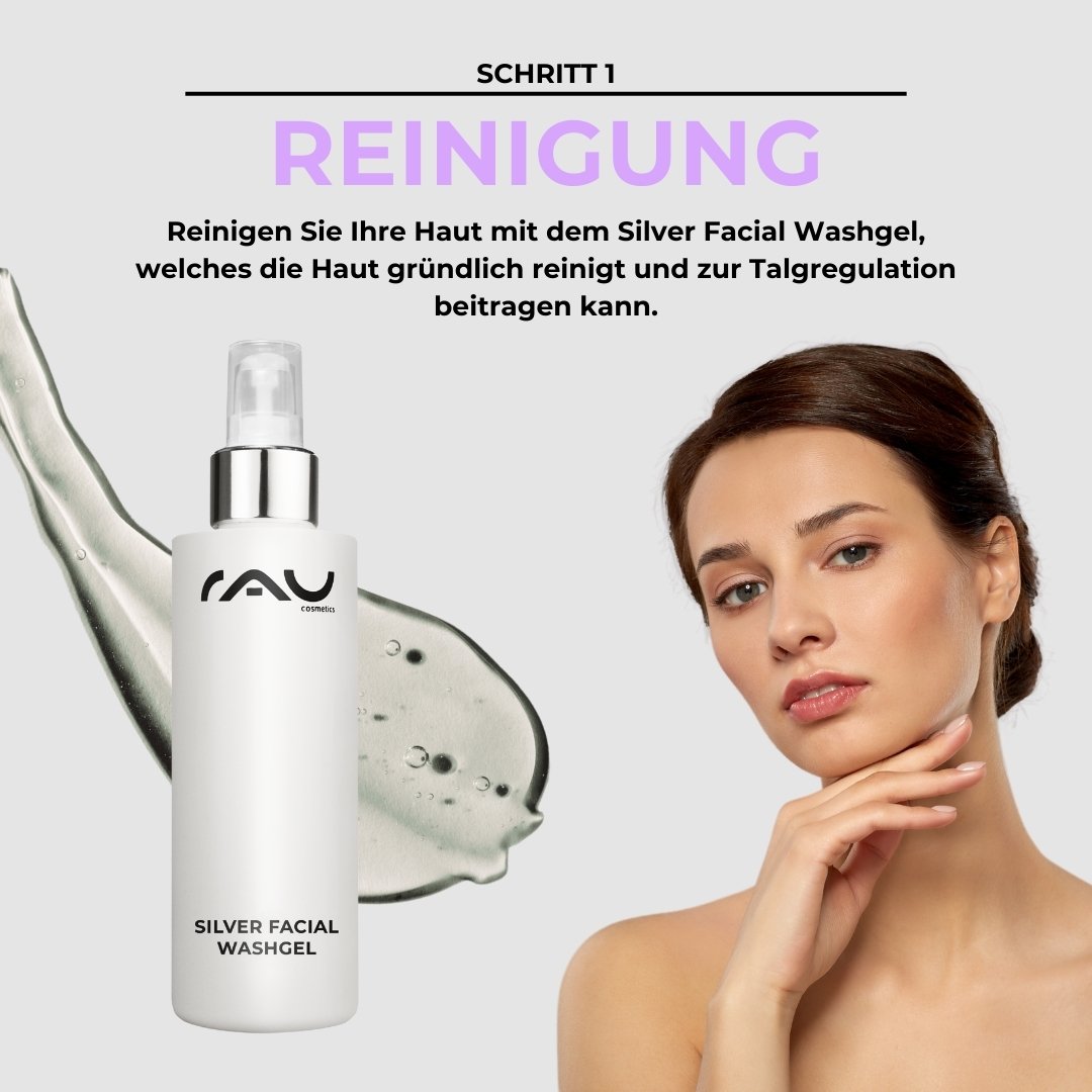 Frau con sanfter pelle, präsentiert RAU Silver Facial Washgel, betont detergente e Talregulation per Mischhaut.