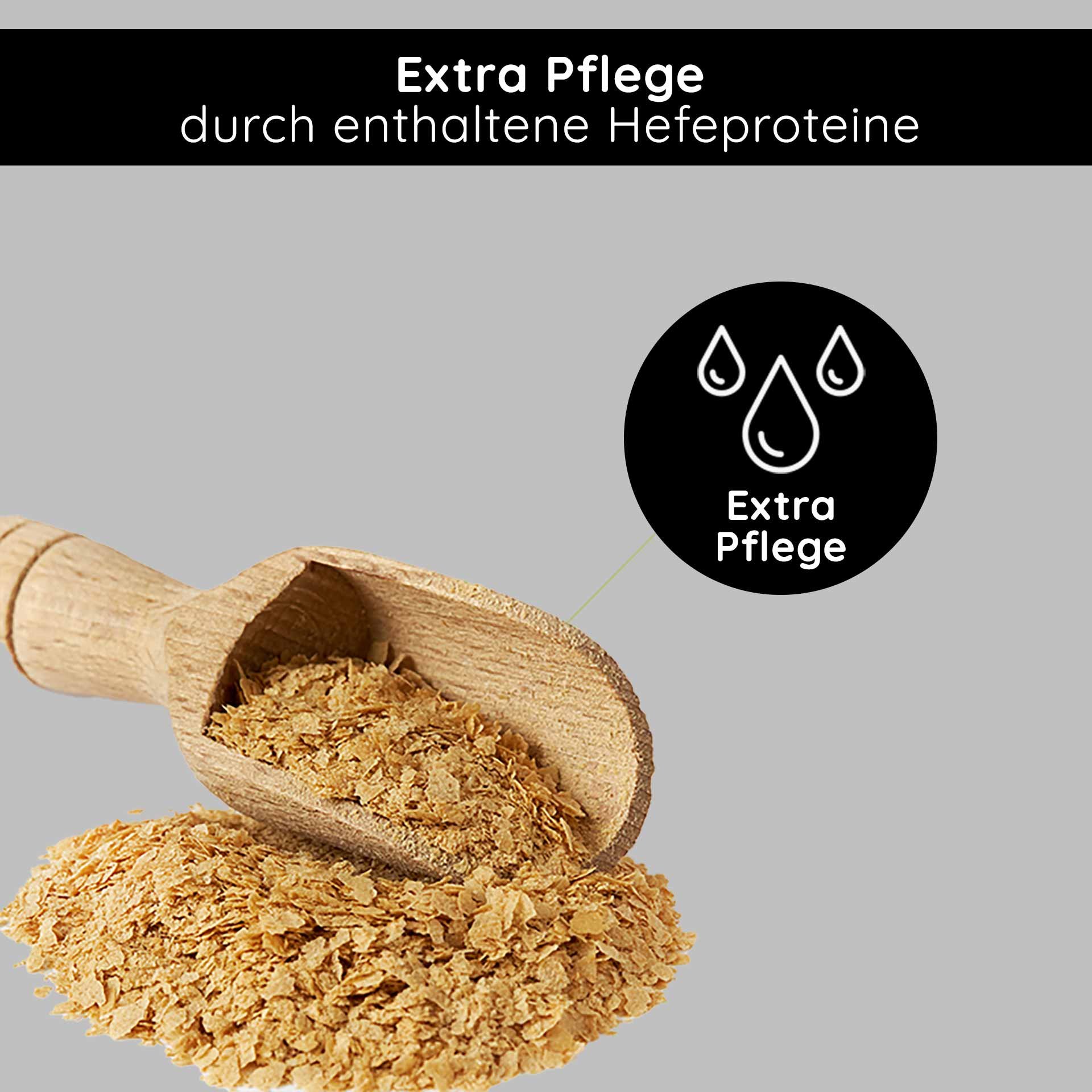 Cucchiaio dosatore di polvere esfoliante con etichetta che evidenzia gli ulteriori benefici di cura delle proteine del lievito e sottolinea la cura delicata della pelle dei prodotti RAU Cosmetics.