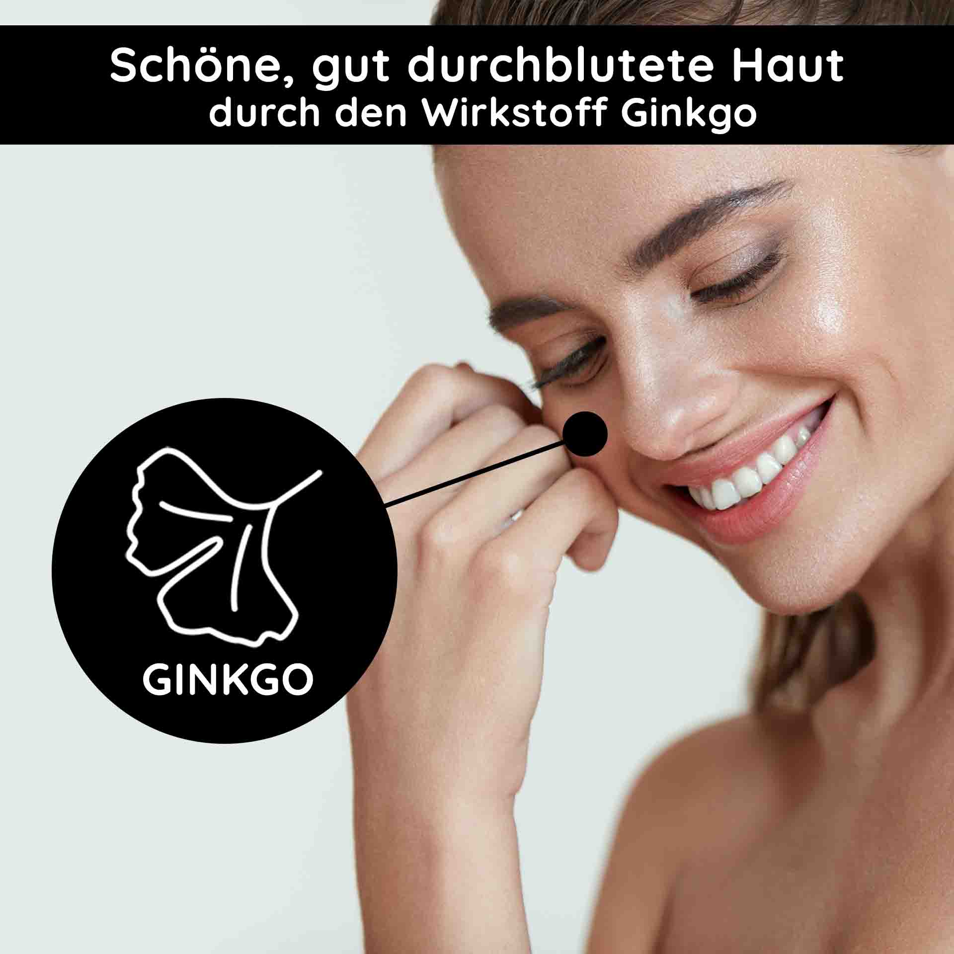 O2 Moist Fluid 50 ml crema da giorno per un colorito spento Frau mit strahlendem Teint, die Ginkgo-Extrakt auf die Haut aufträgt, betont durch Text "Schöne, gut durchblutete Haut durch den Wirkstoff Ginkgo".