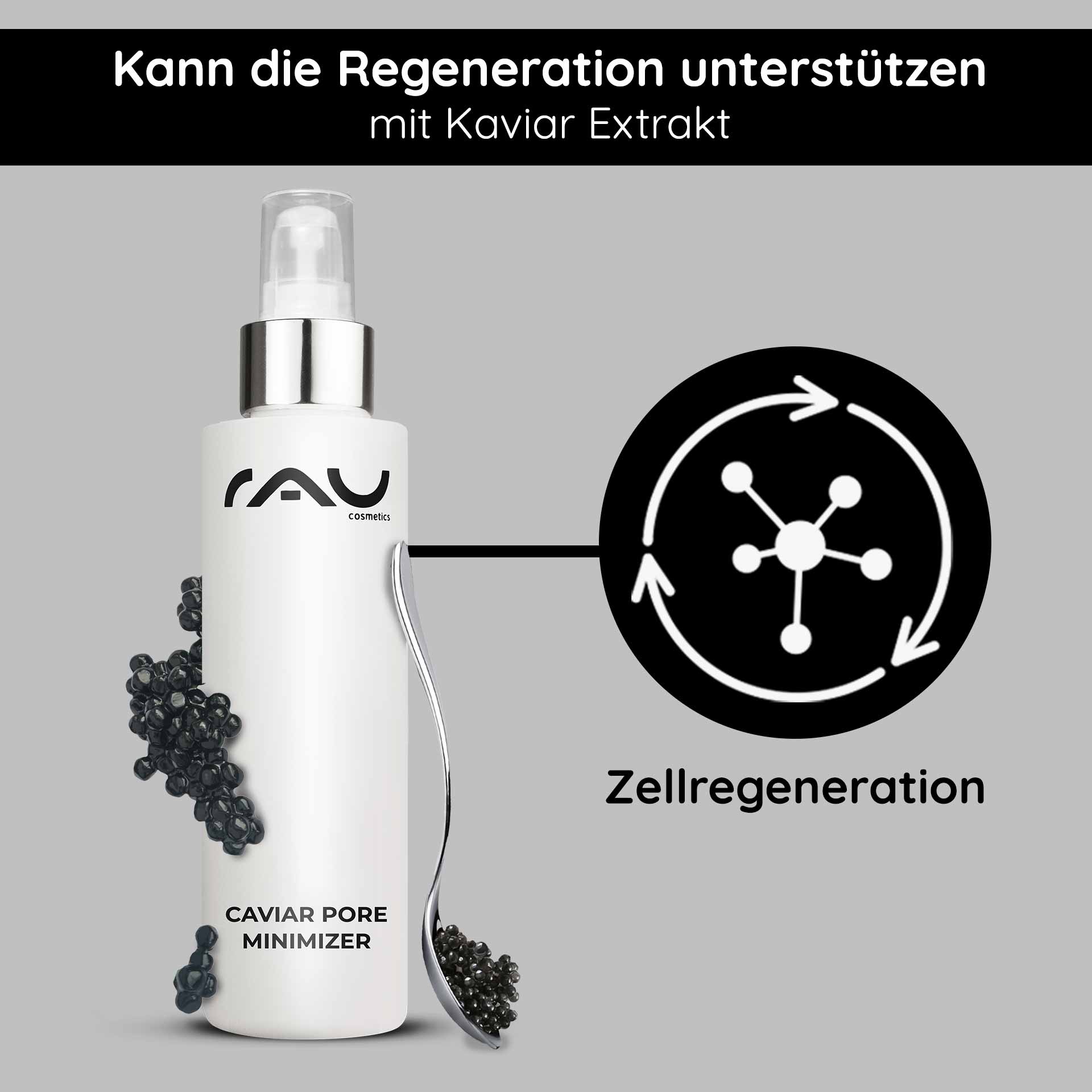 Caviar Pore Minimizer Serum 100 ml con estratto di Plancton Flasche RAU Cosmetics Caviar Pore Minimizer Serum mit Kaviarextrakt, das die Vorteile der Porenverkleinerung und Zellregeneration hervorhebt.