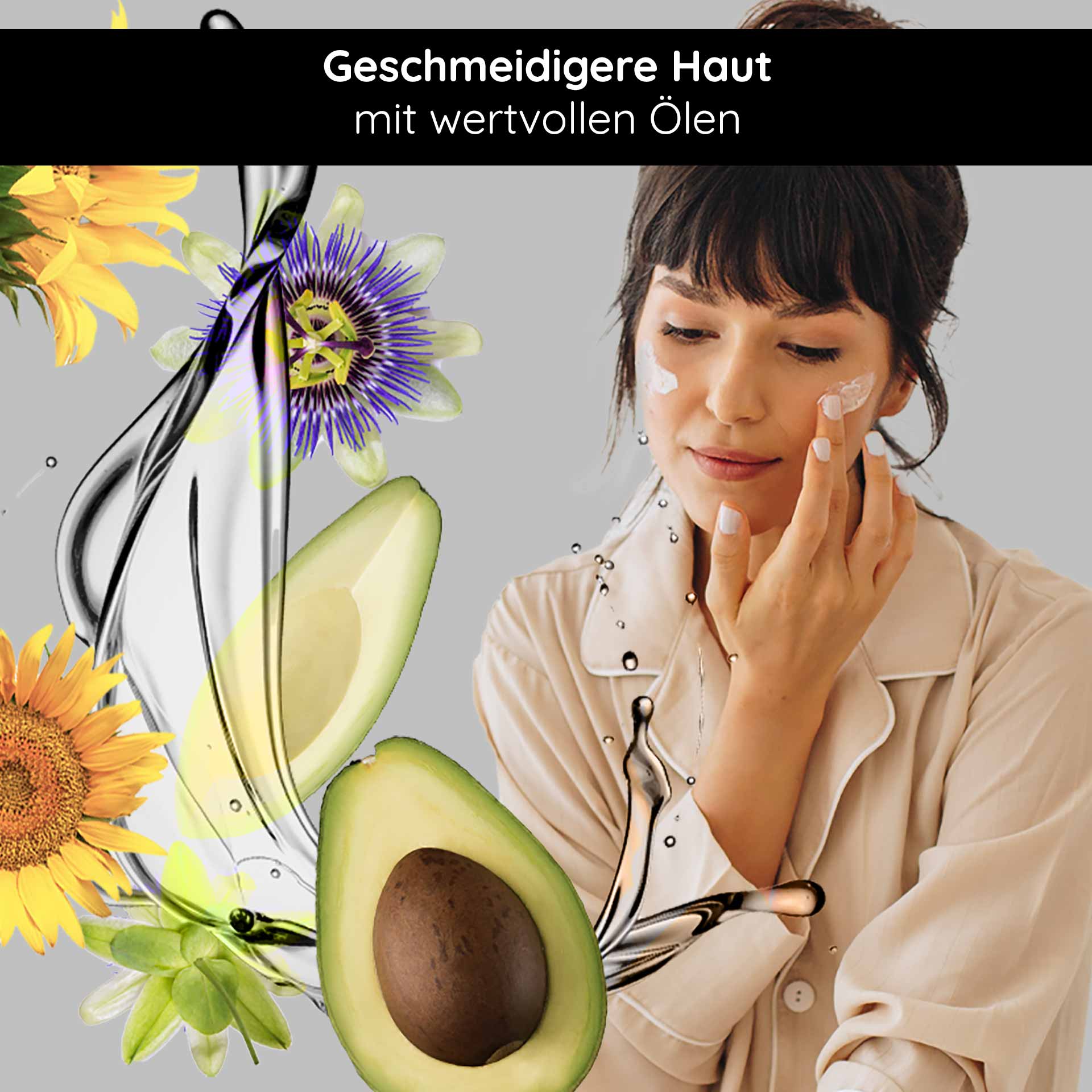 Hyaluron Cream SPF10 50 ml Crema viso con protezione UV Frau mit Gesichtscreme und Avocado, umgeben von blühenden Pflanzen und Ölen, betont Hautpflege und Feuchtigkeit.