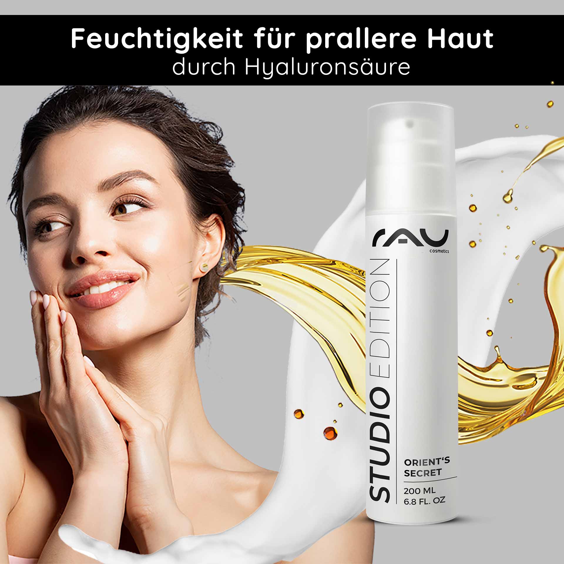 Orient's Secret 200 ml con polvere di amnetista RAU Cosmetics Orient's Secret Gesichtscreme mit Hyaluronsäure, Modelliercreme zum Auftragen, mit goldenem Liquid Splash, 200 ml Verpackung.