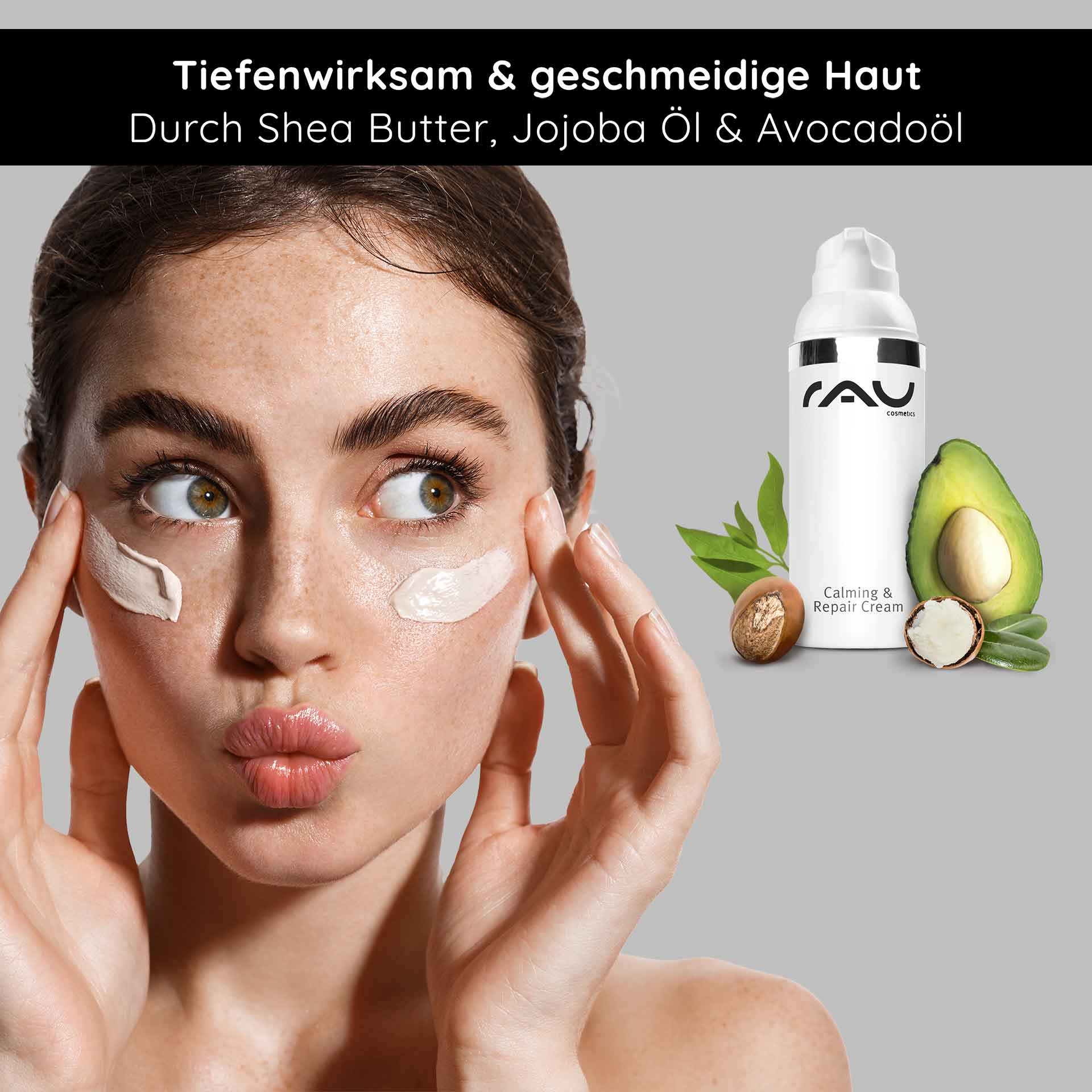 Crema calmante e riparatrice 50 ml Calmante per la pelle Frau mit beruhigender Gesichtscreme auf der Haut, RAU Cosmetics Calming & Repair Cream, kombiniert mit Avocado, Jojobaöl und Shea Butter für geschmeidige Haut.
