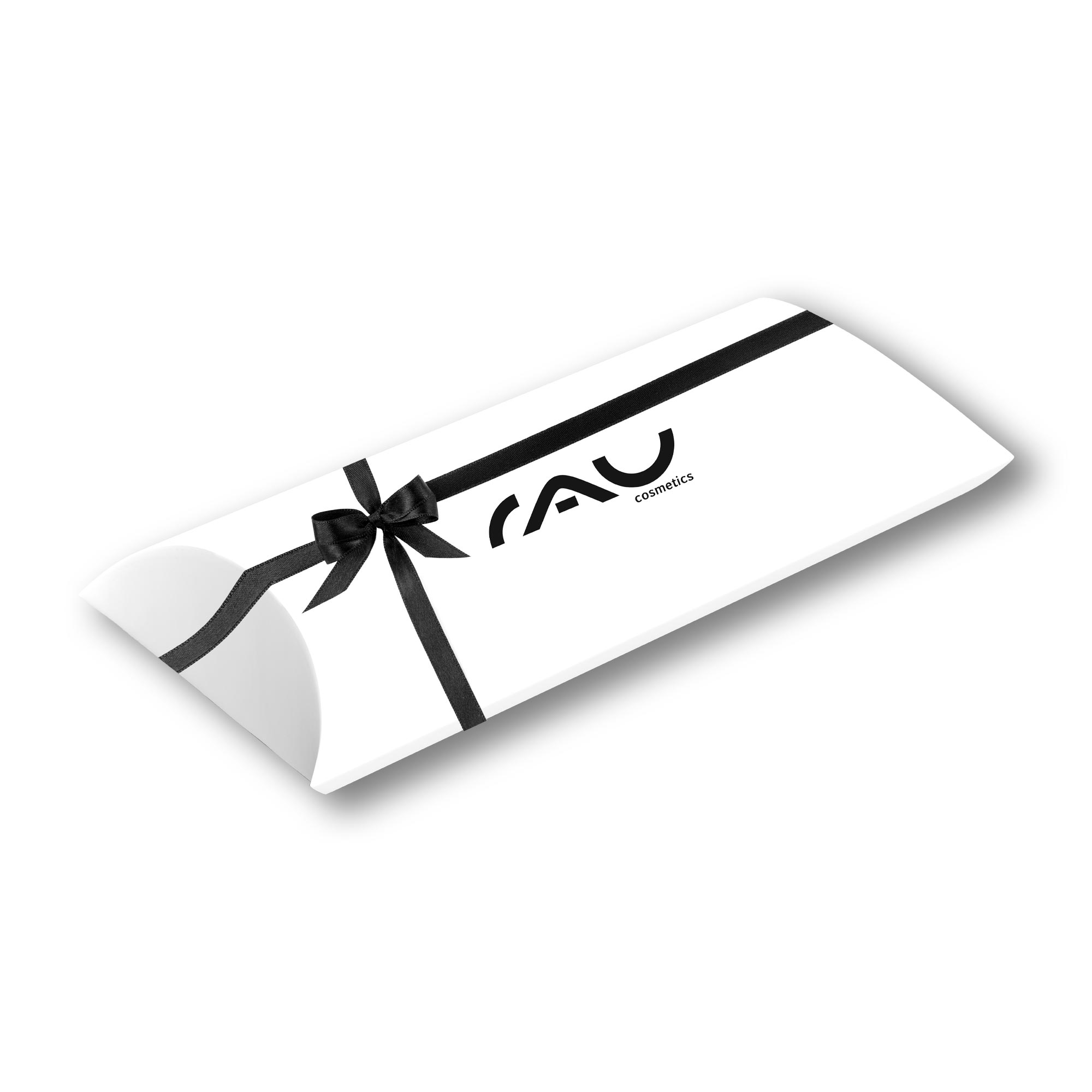 RAU-Cosmetics-Geschenkverpackung-schwarz-01 Geschenkverpackung "Kissen" von RAU Cosmetics, weiß mit schwarzer Schleife, ideal für besondere Anlässe.