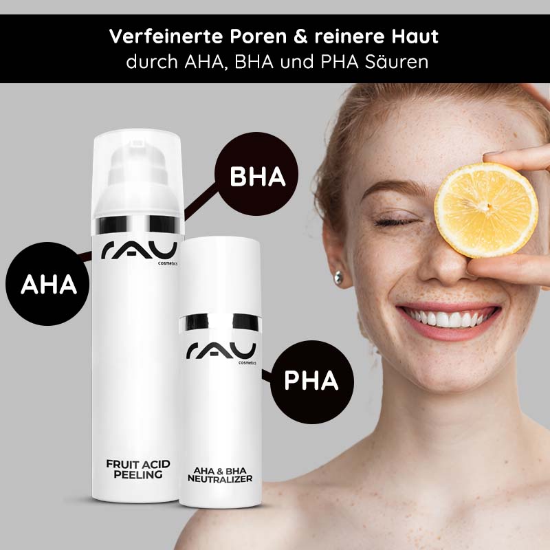 Peeling agli acidi della frutta 100 ml Peeling agli acidi della frutta con BHA Fruchtsäurepeeling von RAU Cosmetics mit AHA, BHA und PHA, lächelnde Frau mit Zitrone, verfeinerte Poren und reine Haut.