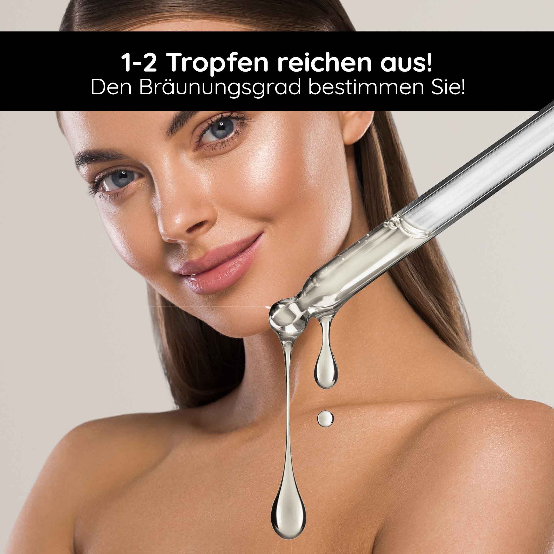Gocce autoabbronzanti naturali sulla pelle di una donna che può determinare individualmente il grado di abbronzatura, con un flacone a pipetta che eroga le gocce.