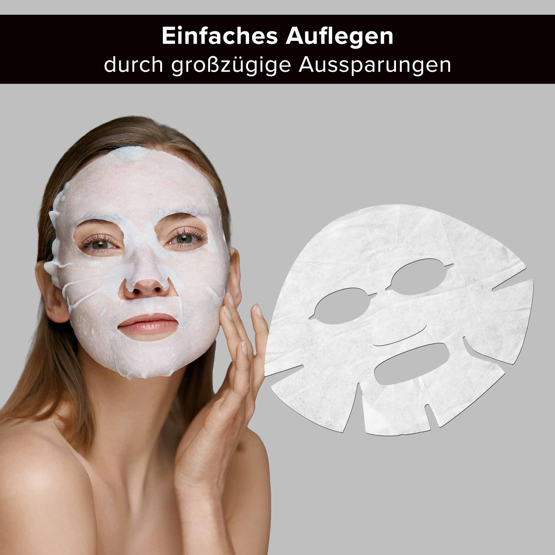Maschera al collagene e all'acido ialuronico Maschera in pile con pantenolo Frau mit Gesichtsmaske aus Vlies, die die Collagen- und Hyaluronsäure-Maske von RAU Cosmetics demonstriert, mit Text "Einfaches Auflegen durch großzügige Aussparungen".