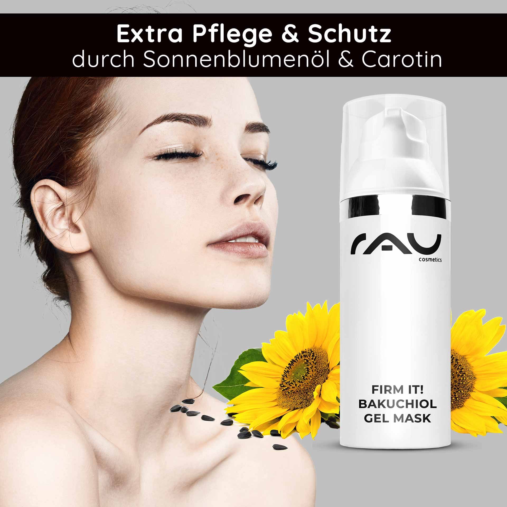 Donna dalla pelle liscia e RAU Cosmetics Firm it! Bakuchiol Gel Mask, circondata da girasoli e semi, evidenziando i benefici dell'olio di girasole e del carotene per la cura della pelle.