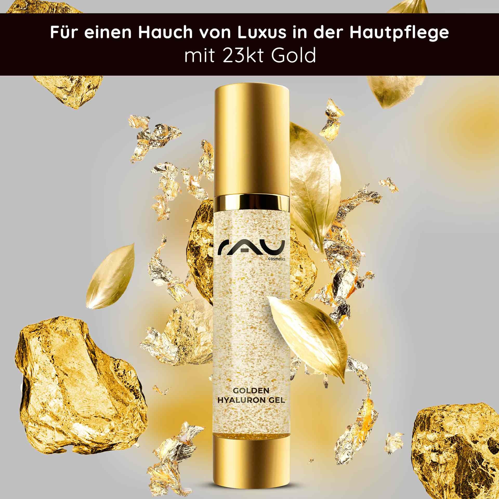 RAU Cosmetics Golden Hyaluron Gel mit 23 Karat Gold in luxuriöser Verpackung, umgeben von Goldflocken, die die Anti-Aging-Vorteile der Hautpflege hervorheben.
