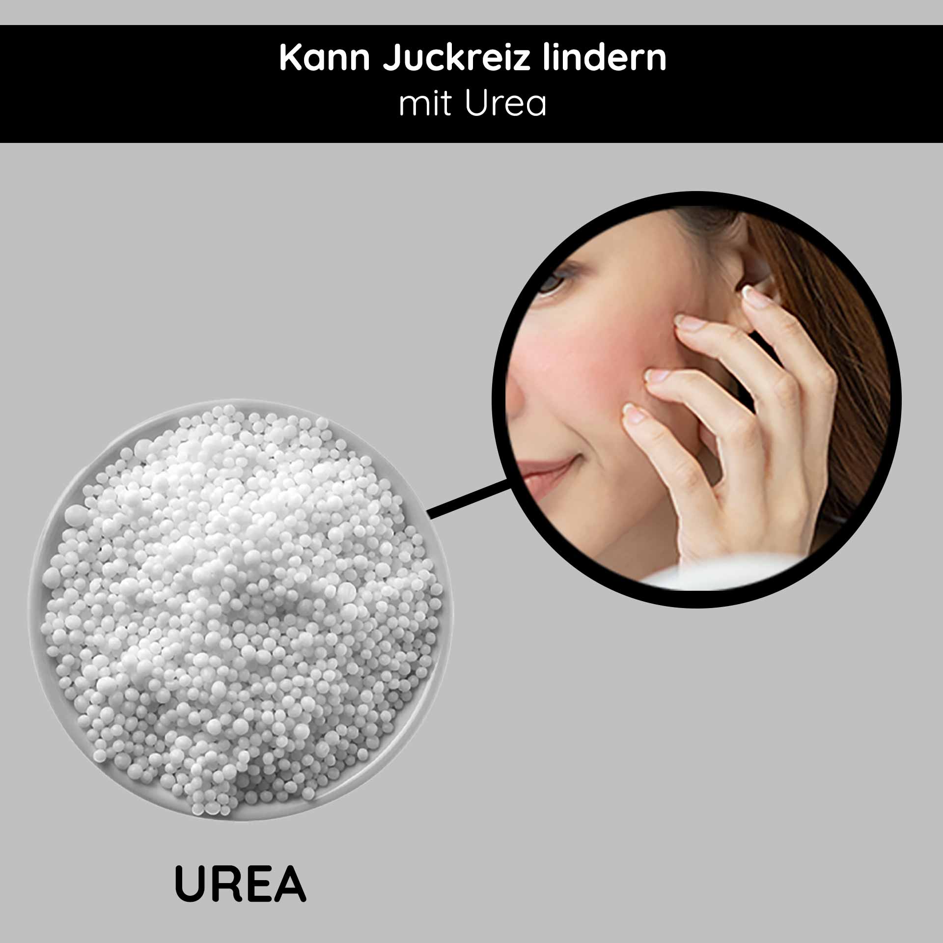 Maschera calmante e riparatrice 50 ml Maschera lenitiva con urea Harnstoff in einer Schüssel mit einer Nahaufnahme einer Frau, die ihn auf ihre Wange aufträgt und seine Vorteile bei der Linderung von Juckreiz und der Verbesserung der Hautfeuchtigkeit hervorhebt.
