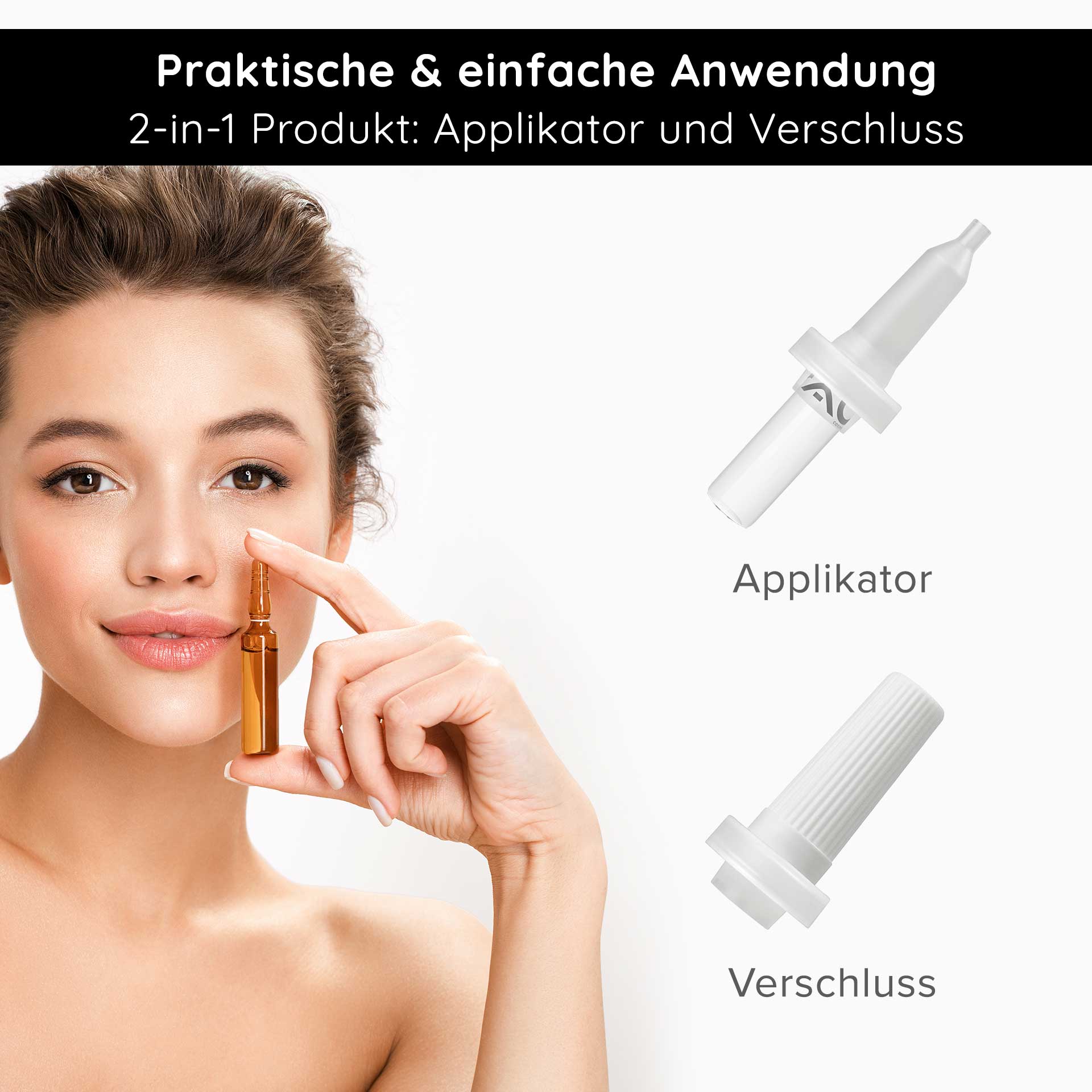 Applicatore per fiale da 2 ml Frau mit braunen Haaren hält eine braune Ampulle und zeigt auf ihr Gesicht, 2-in-1 Applikator und Verschluss für RAU Cosmetics hochkonzentrierte Hautpflegeampullen.