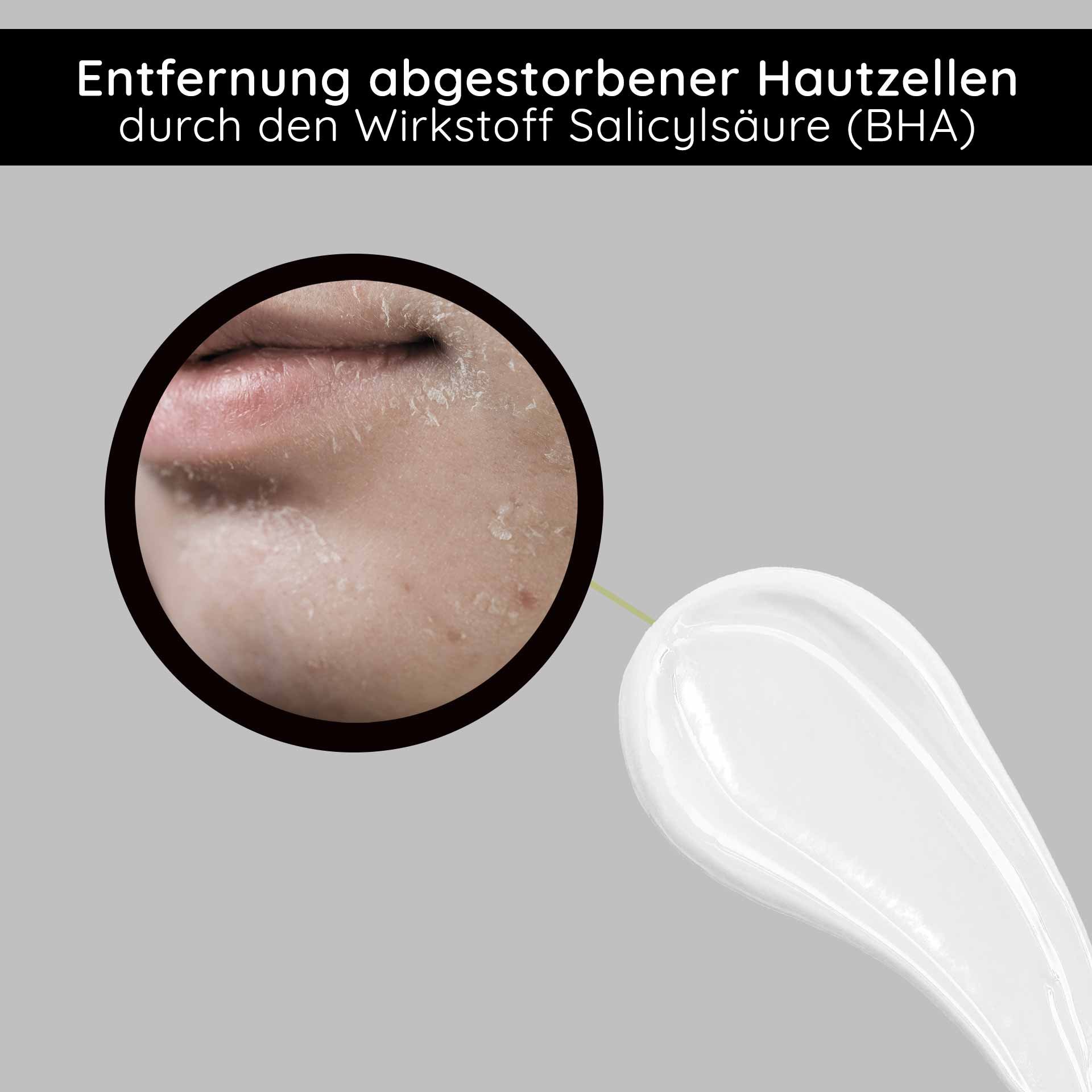 Rimozione delle cellule morte della pelle tramite acido salicilico (BHA) con vista della texture della crema ai frutti acidi di RAU Cosmetics.